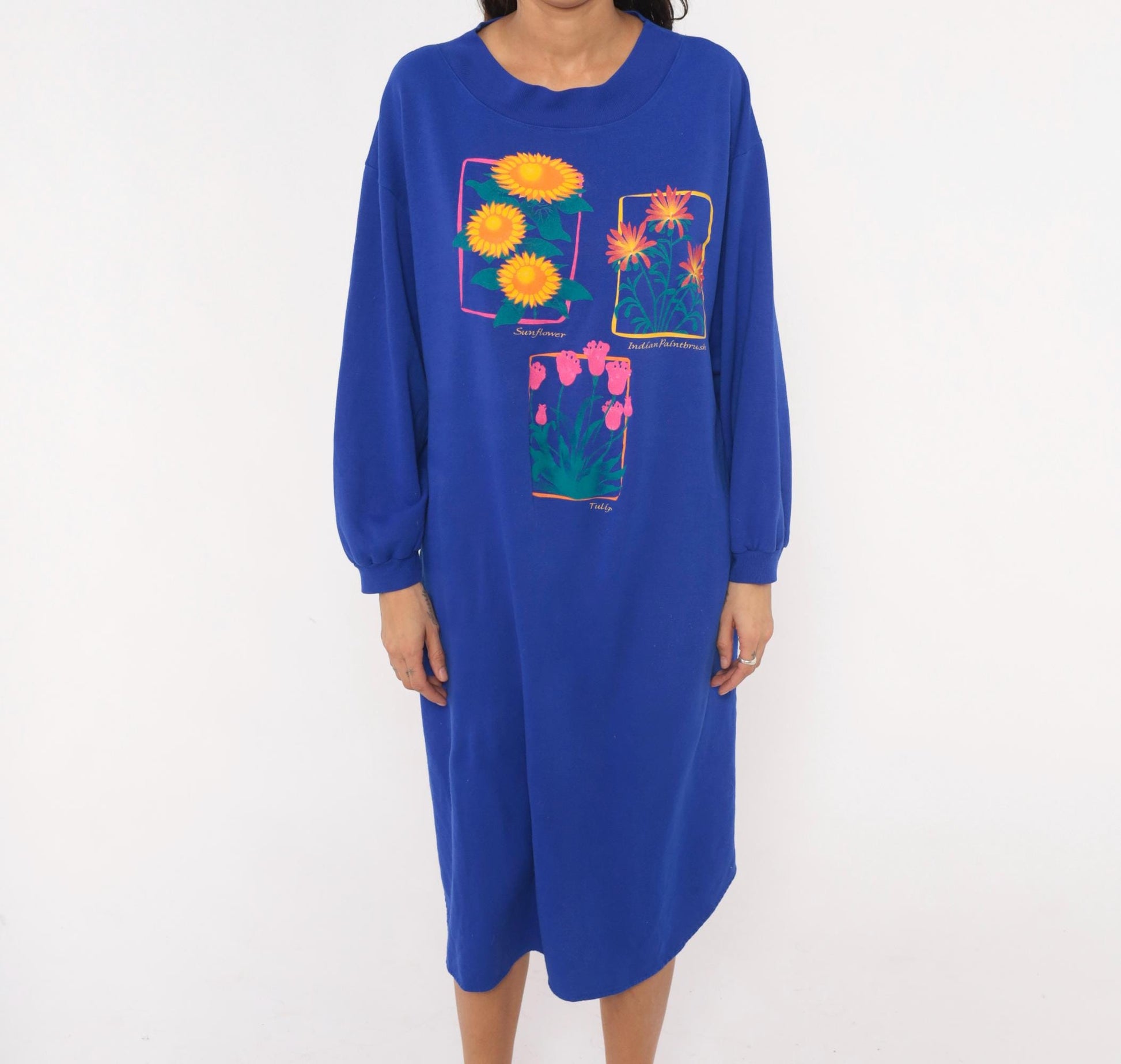 90s Leisure Wear Floral Sweatshirt Dress Cobalt Blue Balloon Sleeve Midi