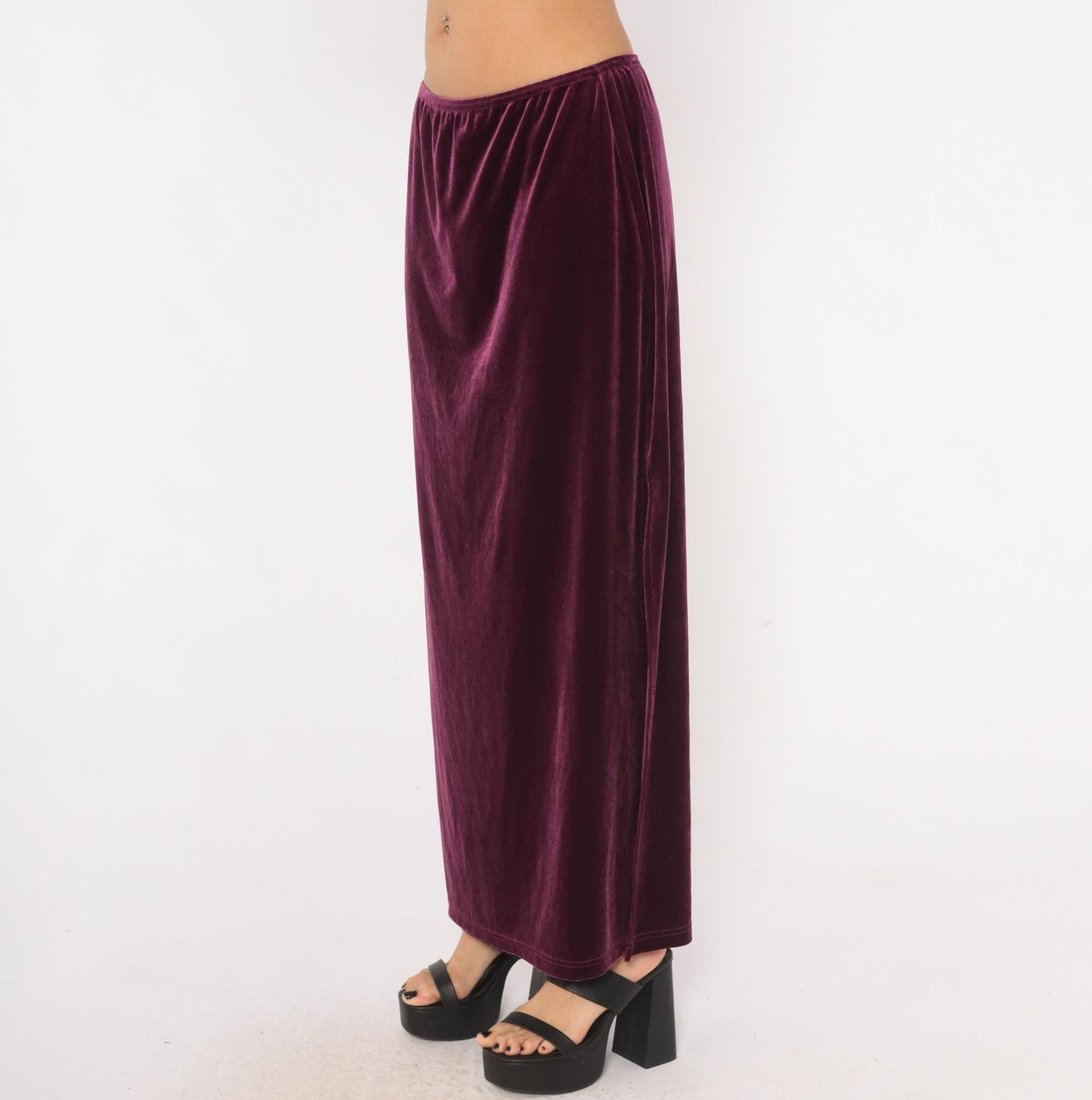 2000s Exact Change Plum Velvet Maxi Skirt A-Line Ankle Slit Extra Large XL