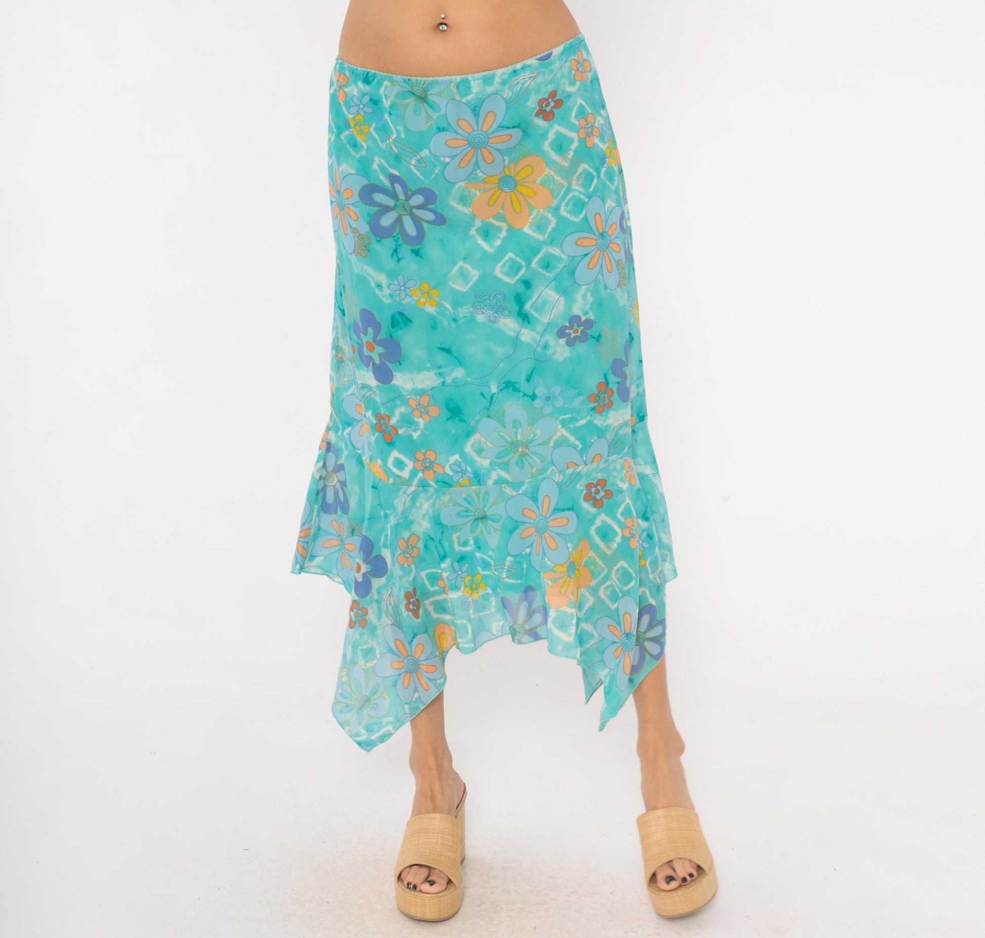 Y2K Millenium Psychedelic Handkerchief Midi Skirt Turquoise Floral Extra Large XXL