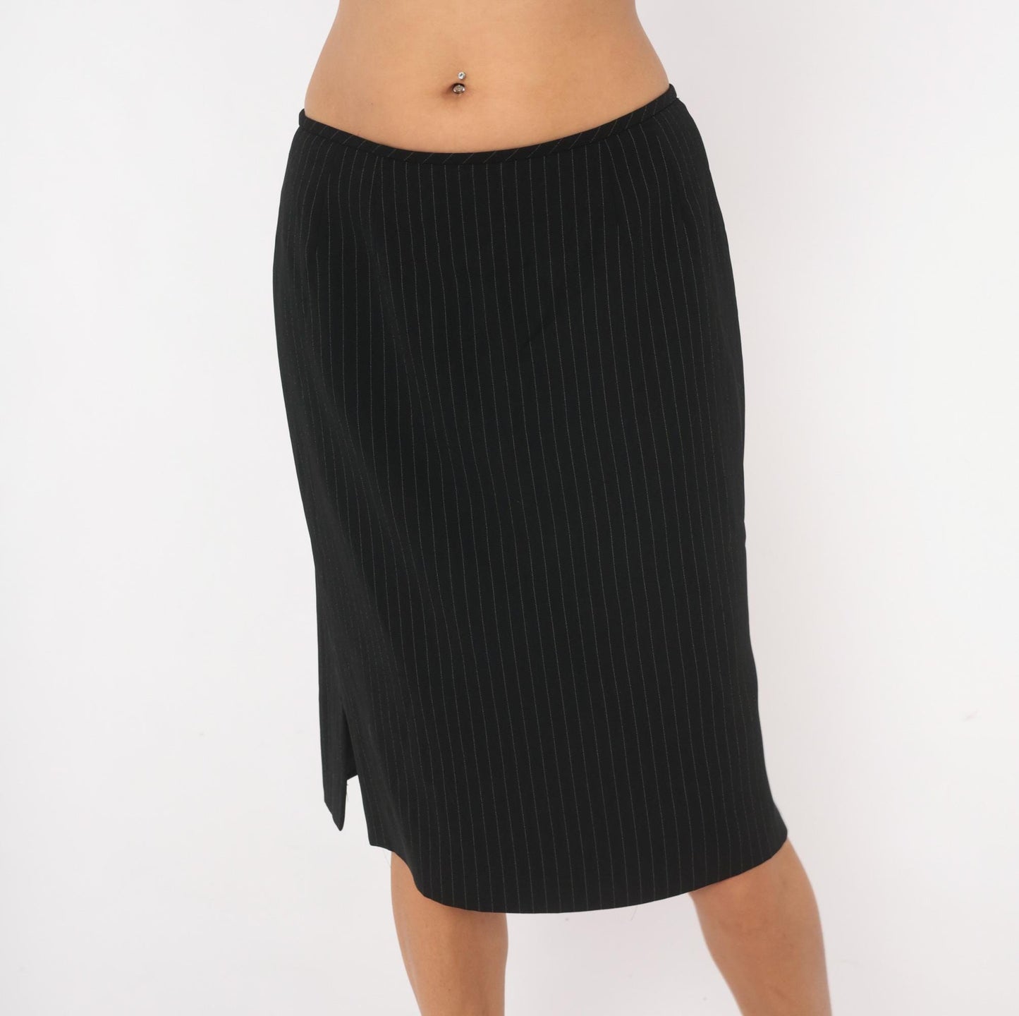 2000s Black Pinstripe A-Line Skirt White Stripe Knee-Length Medium M