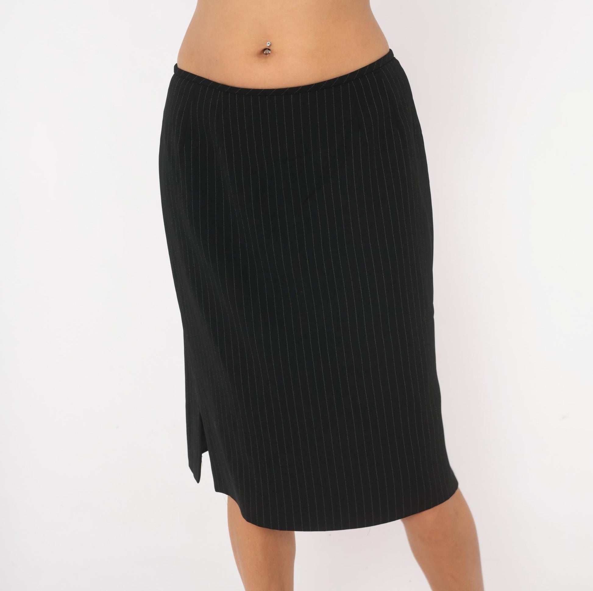 2000s Black Pinstripe A-Line Skirt White Stripe Knee-Length Medium M