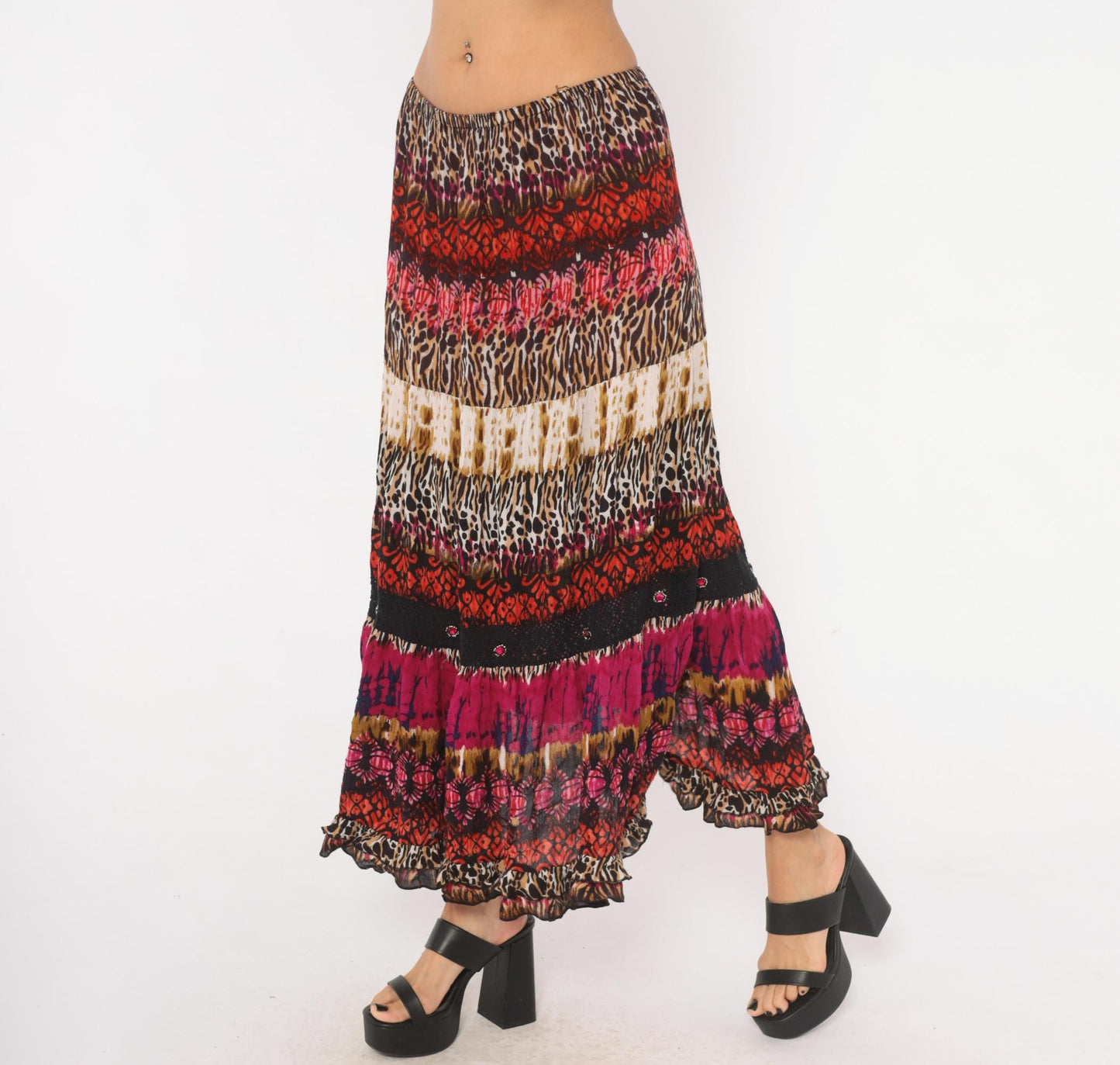 90s Forbidden Animal Print Maxi Skirt Pink Leopard Tiered XL