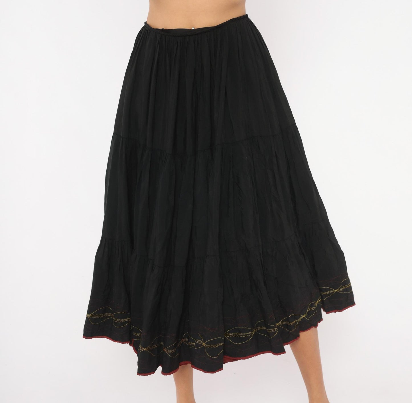 60s Black Tiered Midi Skirt Gold Embroidered Gathered Waist Acetate Extra Small XS