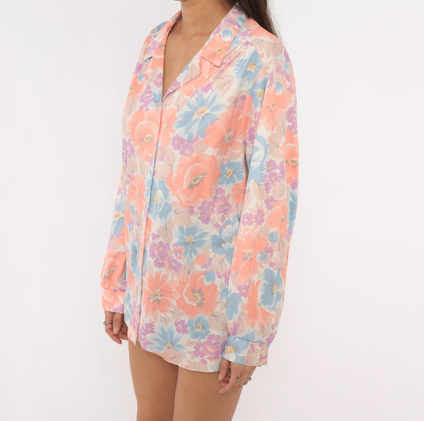 80s The Fire Islander Woman Floral Button Blouse Coral Periwinkle Large L