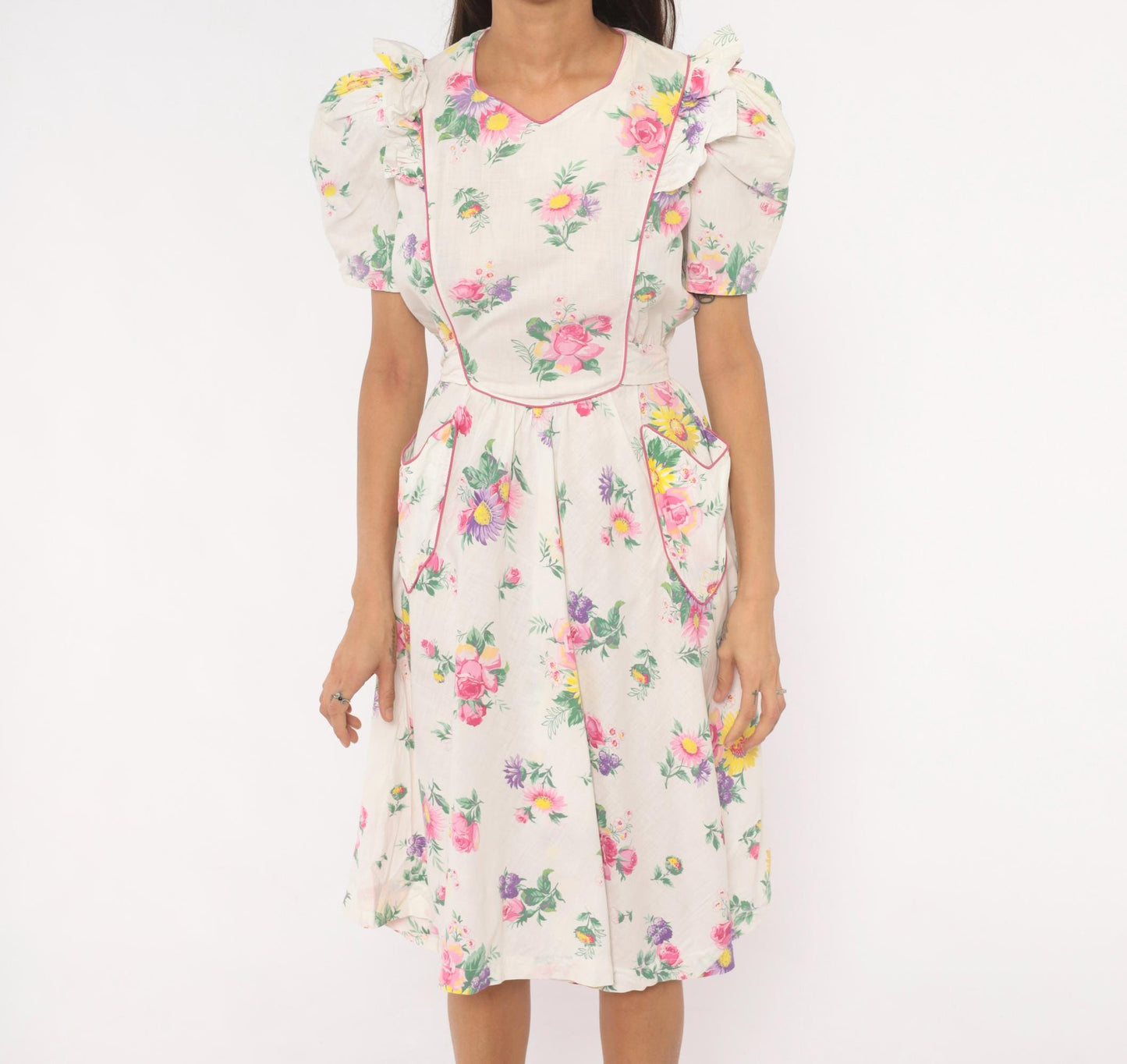 1950s Floral Cotton Dress Puff Sleeve V-Neck Pink White Rose Print Medium