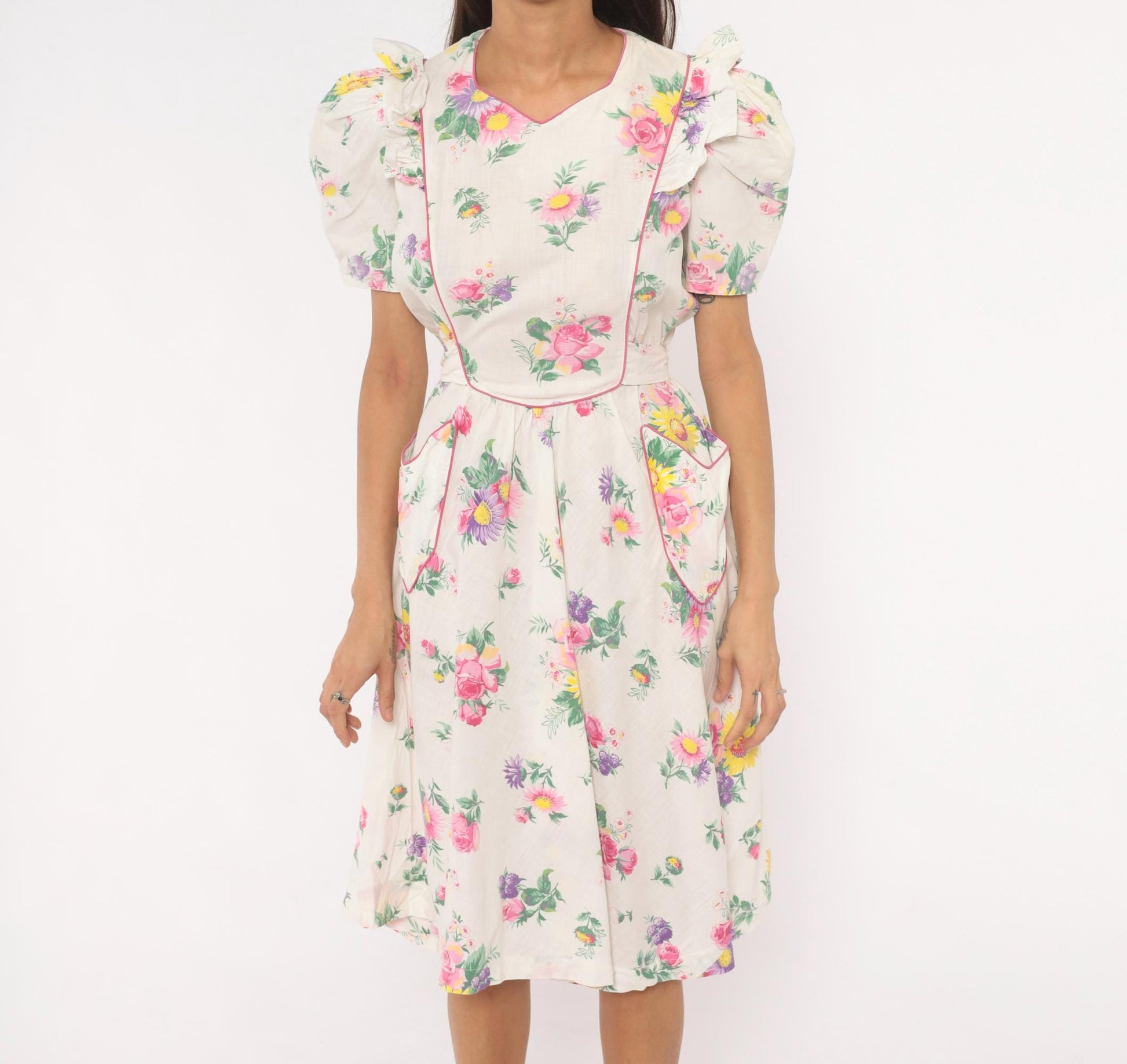 1950s Floral Cotton Dress Puff Sleeve V-Neck Pink White Rose Print Medium
