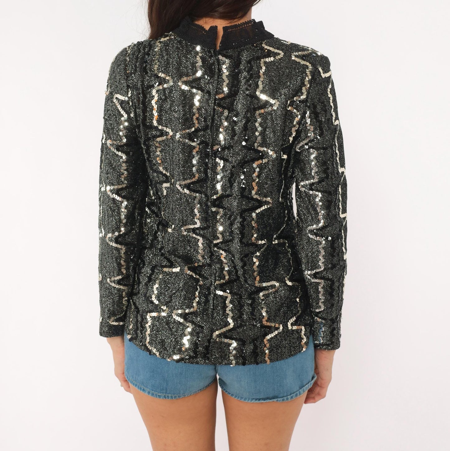 90s Elinor Gay Black Silver Sequin Blouse Geometric Zigzag Long Sleeve Medium