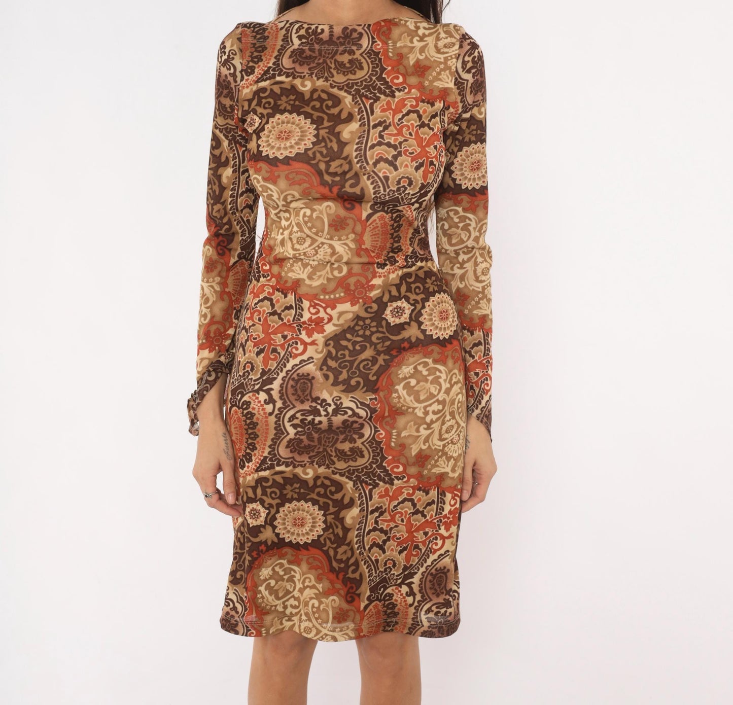 Y2K Moa Moa Paisley Medallion Dress Long Sleeve Boat Neck Brown Tan Medium M
