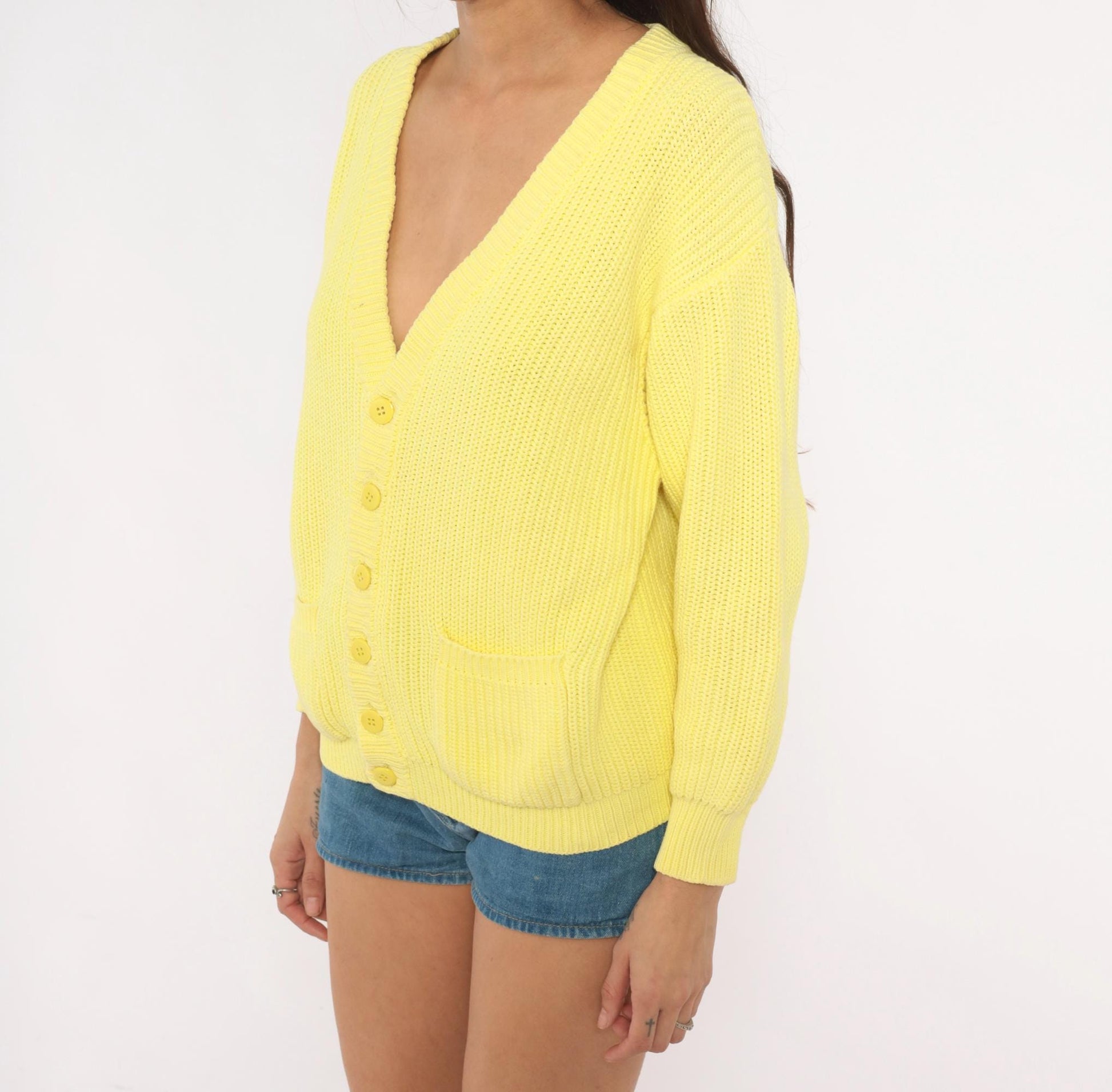80s Benetton Pale Yellow Cotton Cardigan V-Neck Chunky Ribbed Large L