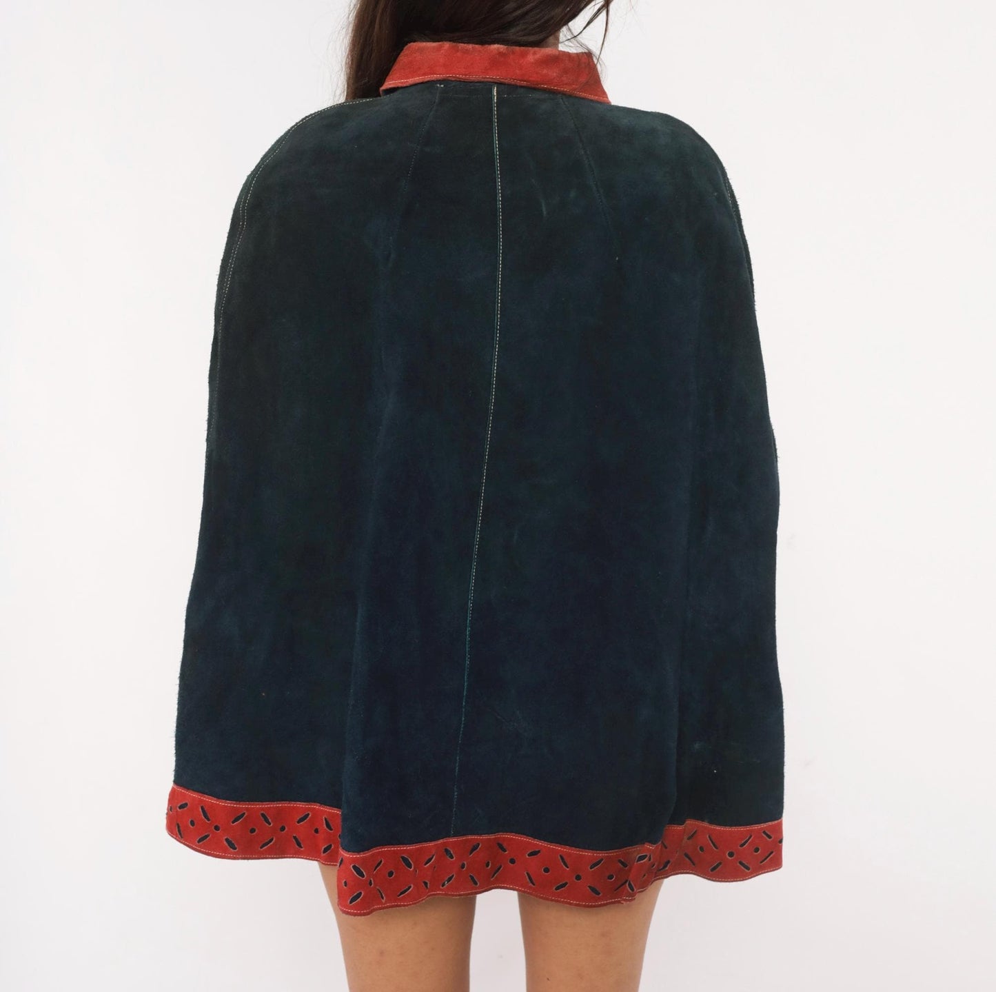 1970s Navy Suede Cape Red Leather Trim Peter Pan Collar Mod Poncho Small