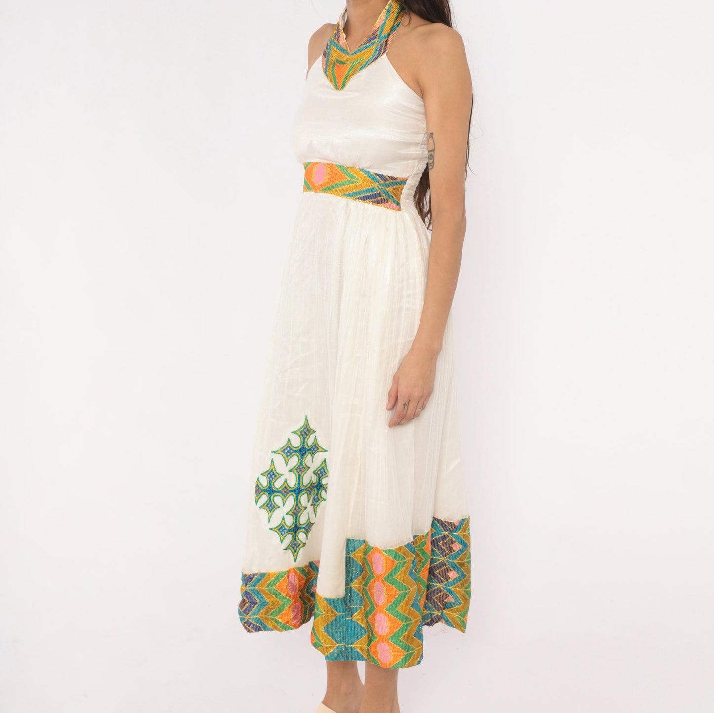 90s White Cotton Gauze Halter Midi Dress Embroidered Cross Geometric Trim Small