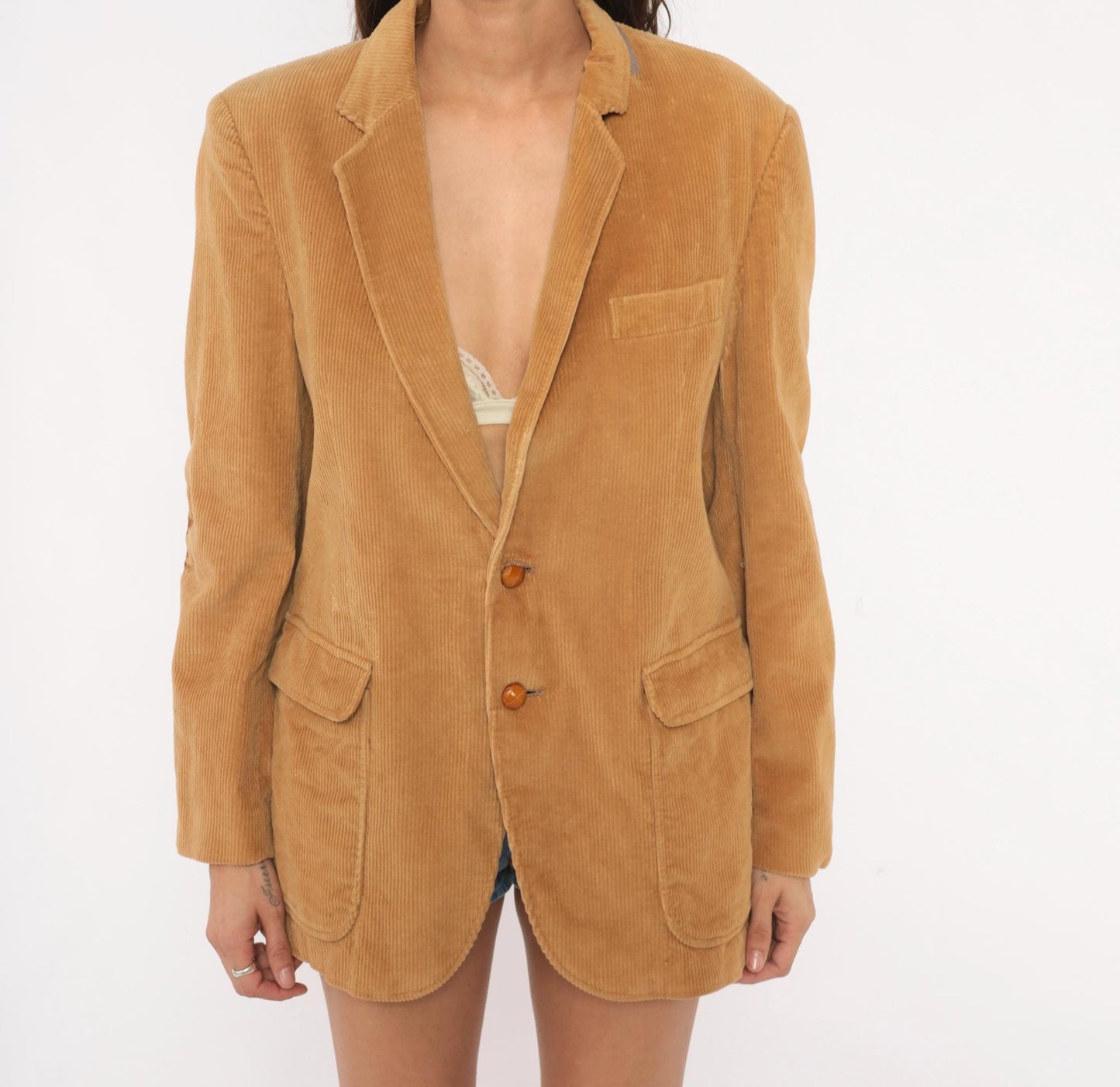 80s Richman Corduroy Blazer Tan Suede Elbow Patch Two Button Medium