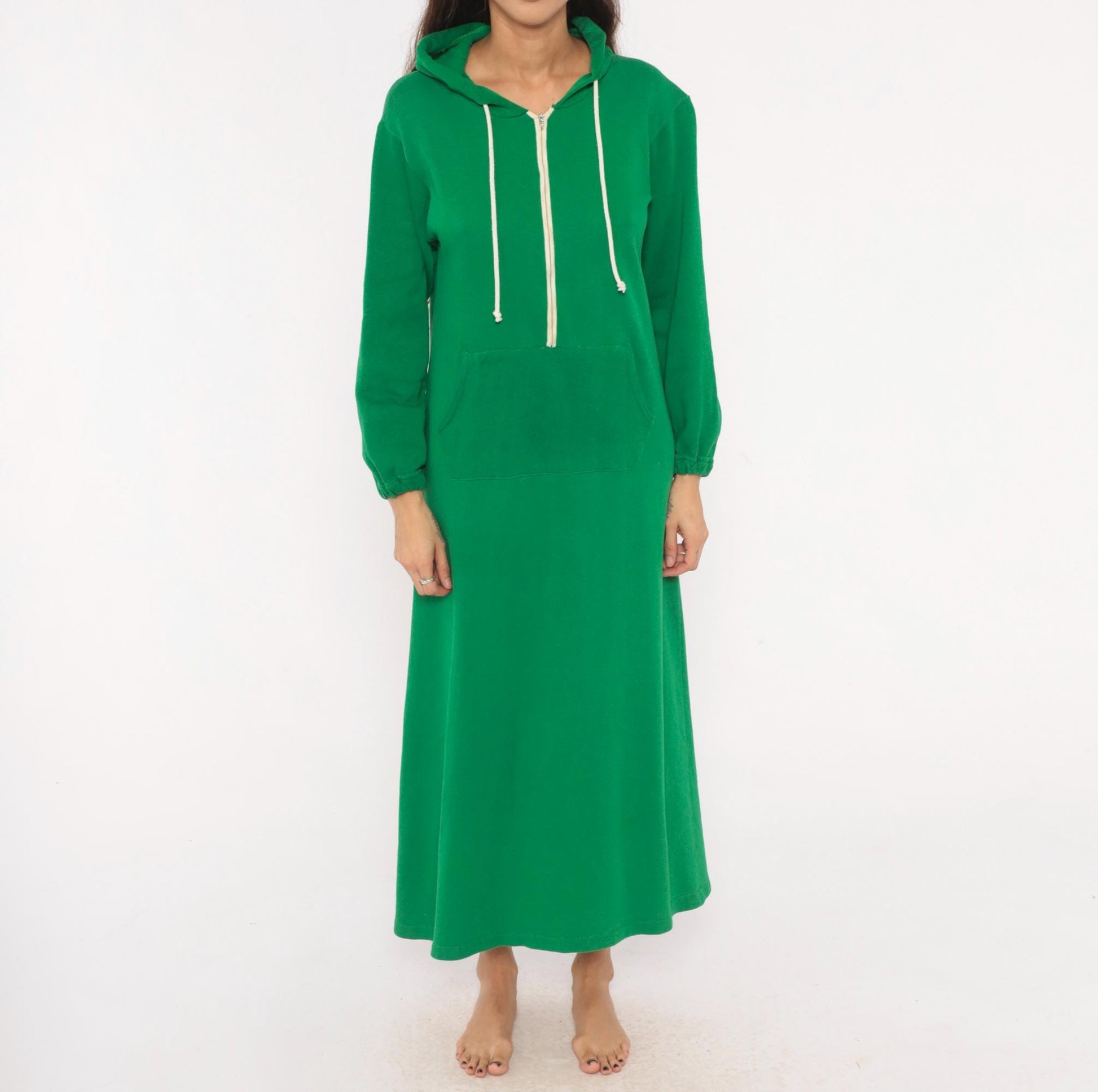 80s Sportwear Emerald Green Hooded Maxi Dress Half-Zip Balloon Sleeve Medium