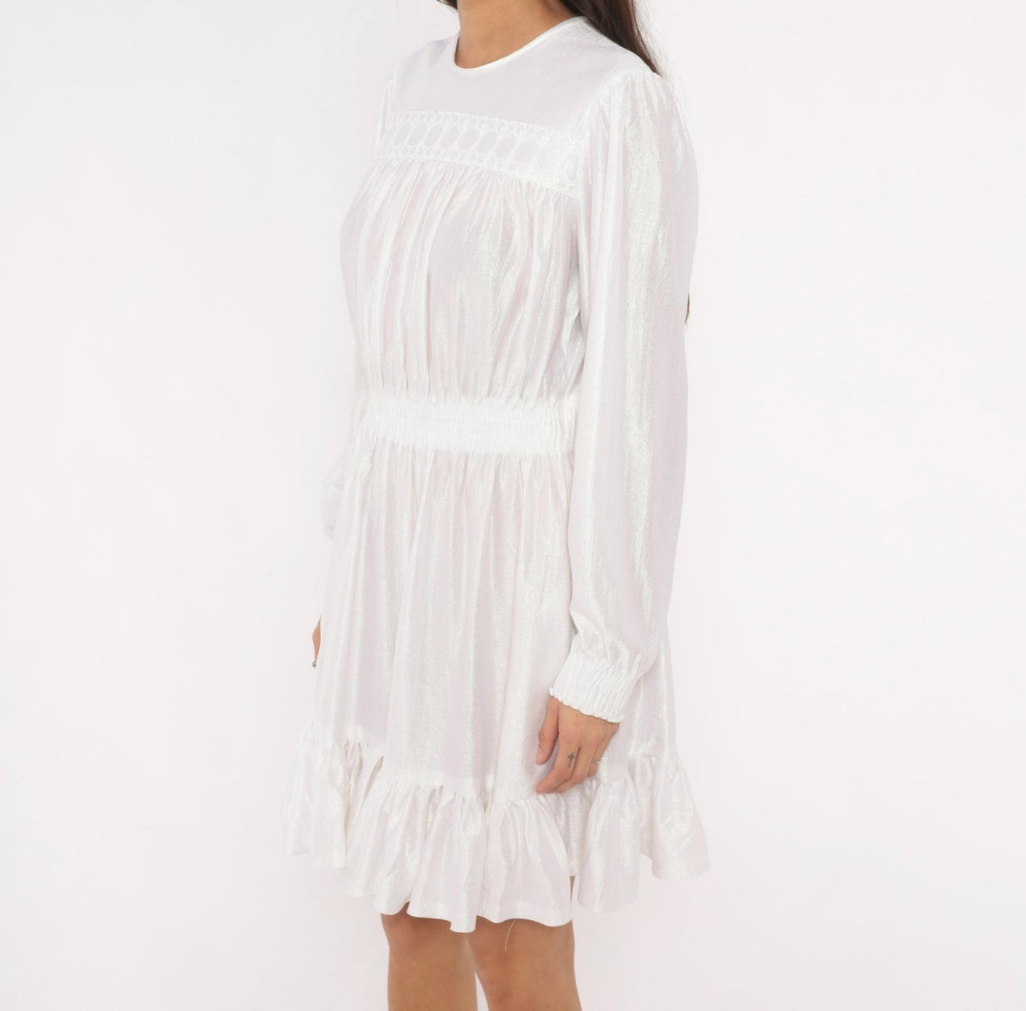 80s White Iridescent Babydoll Dress Puff Sleeve Lace Yoke Mini Medium Large