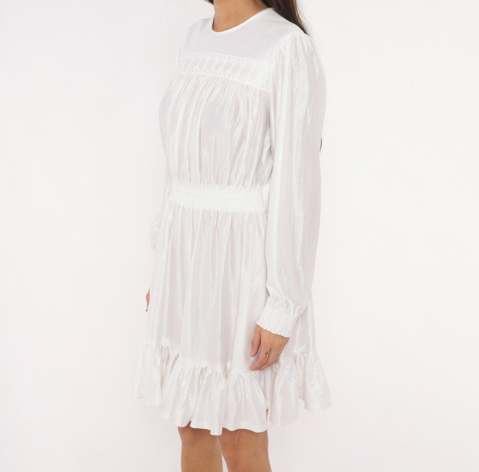 80s White Iridescent Babydoll Dress Puff Sleeve Lace Yoke Mini Medium Large