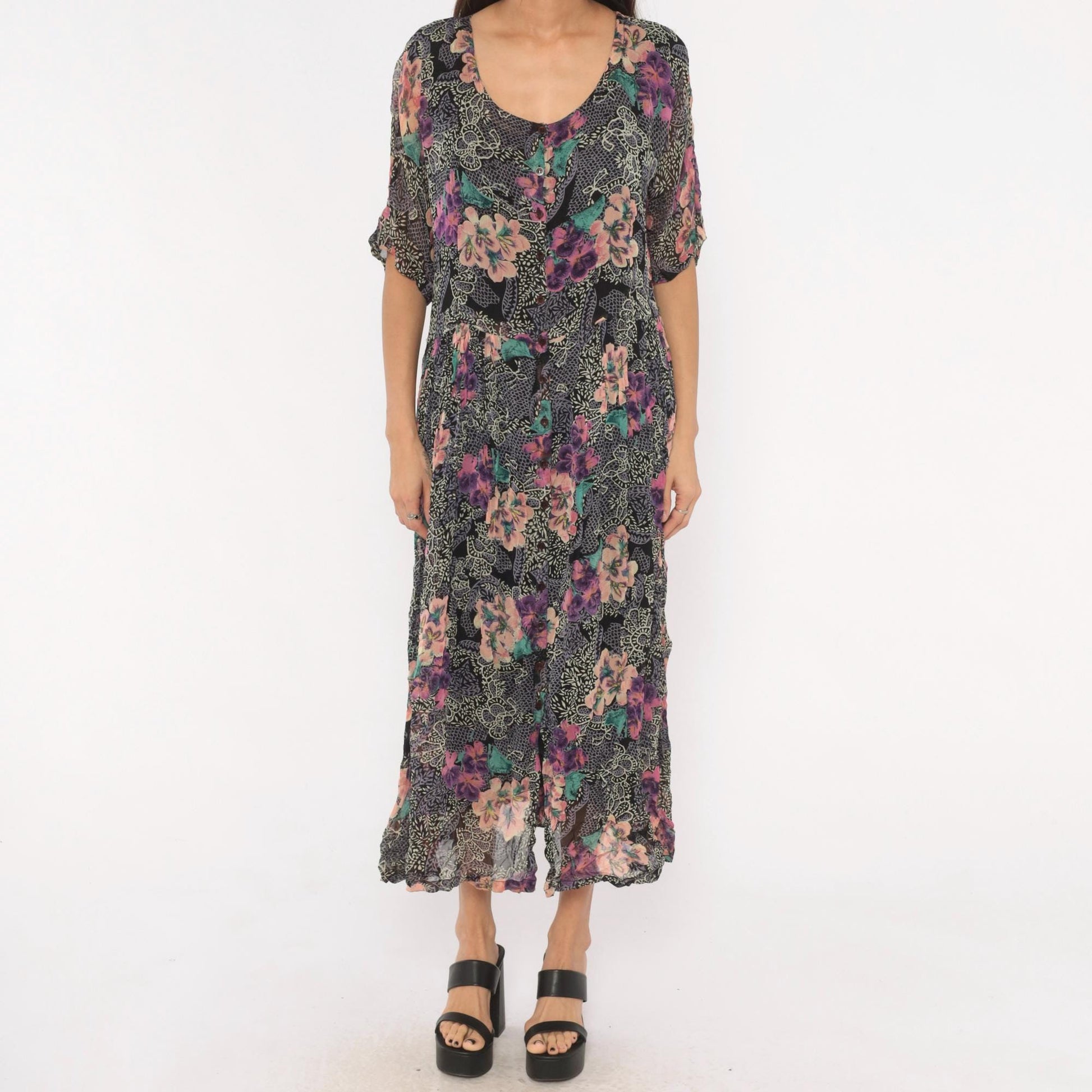 90s Nostalgia Floral Midi Dress Button Front Short Sleeve Purple Pink Teal Medium