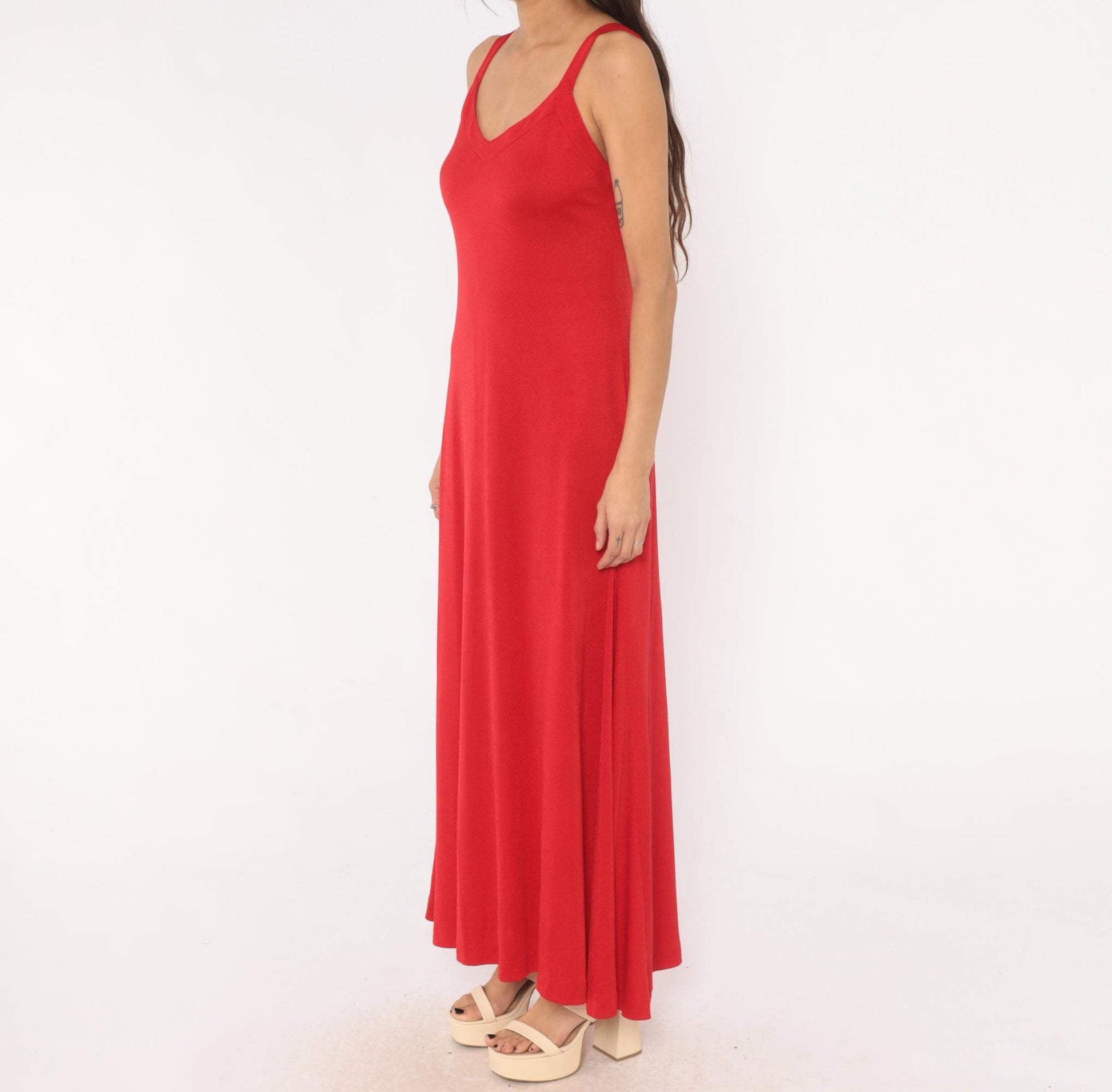 70s Red Maxi Dress V Neck A-Line Slip Gown Strappy Tank Medium M