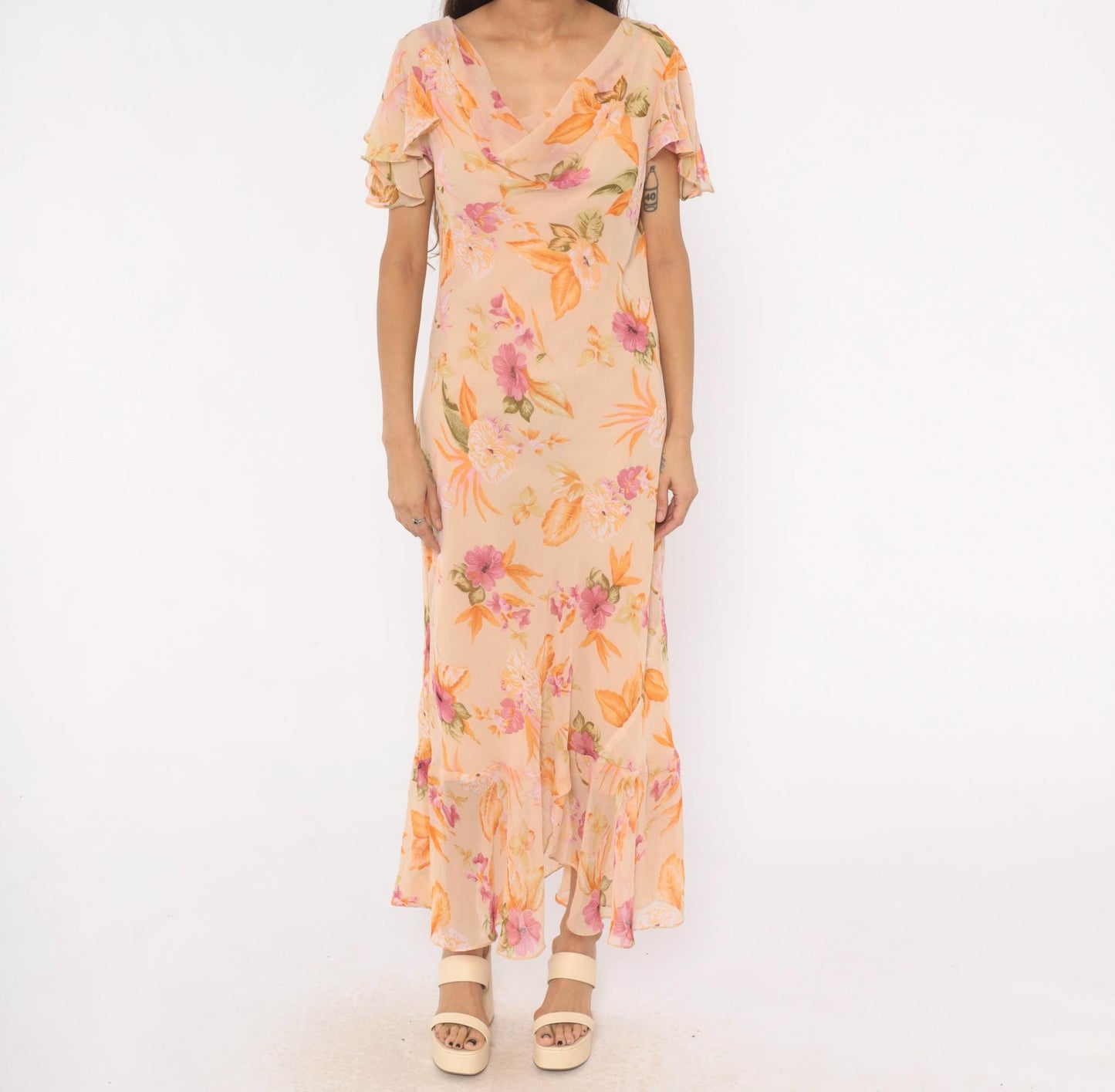 80s Jessica Taylor Peach Floral Maxi Dress Flutter Sleeve Cowl Neck Large L