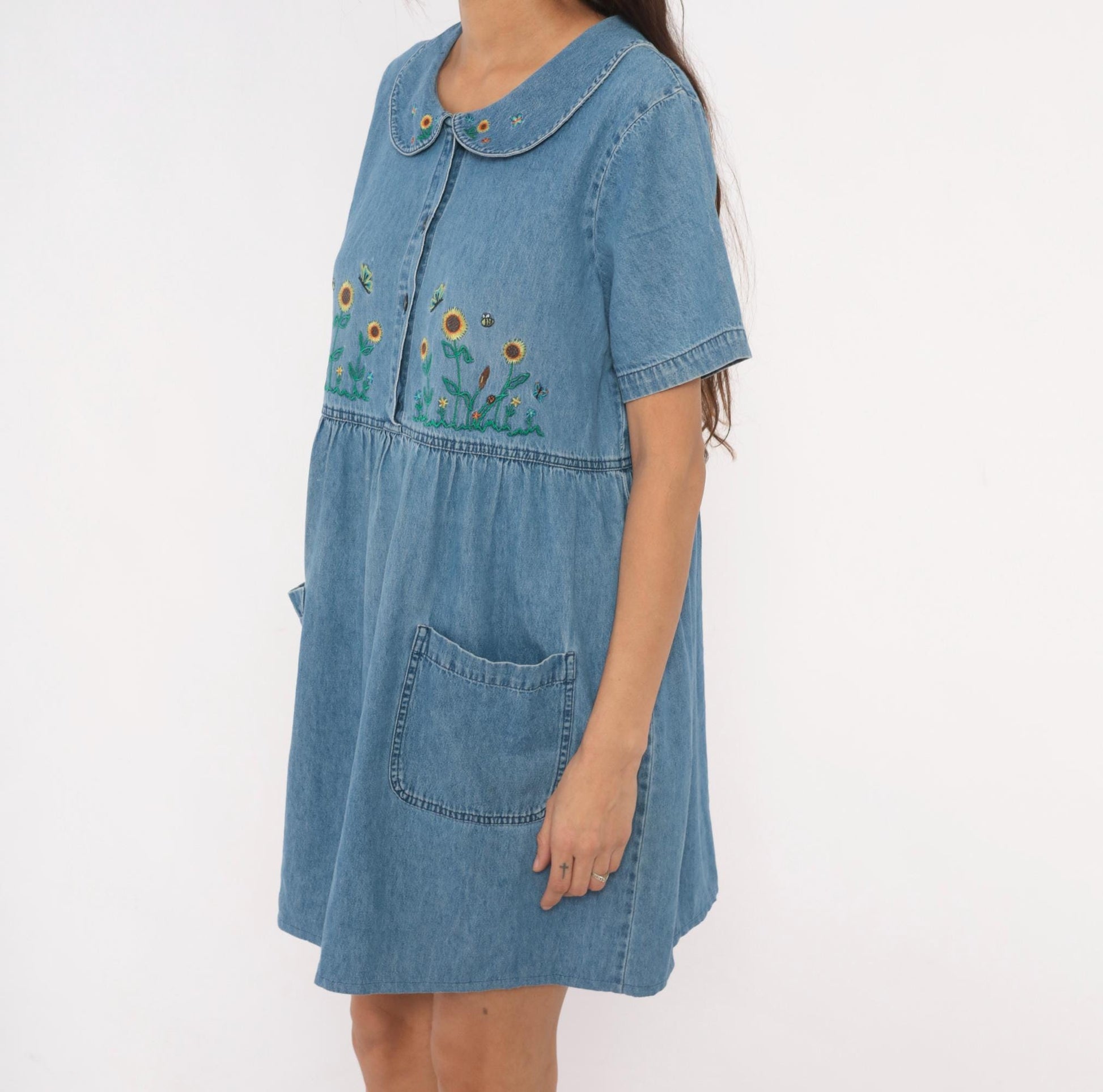 90s Bobbie Brooks Denim Babydoll Dress Sunflower Embroidered Peter Pan Collar Large L