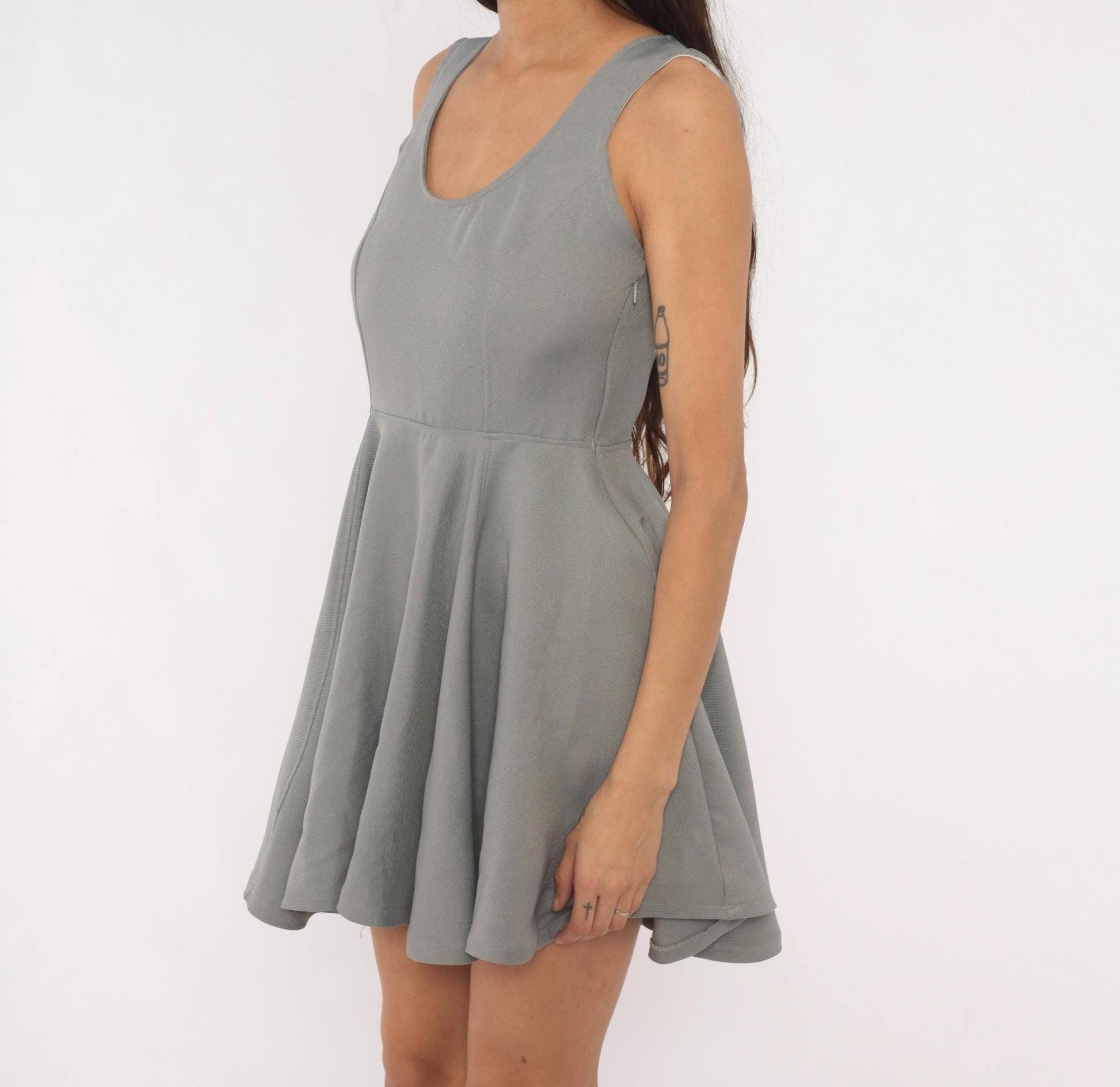 Y2K Grey Angel Wing Embroidered Mini Dress Sleeveless Skater Small S