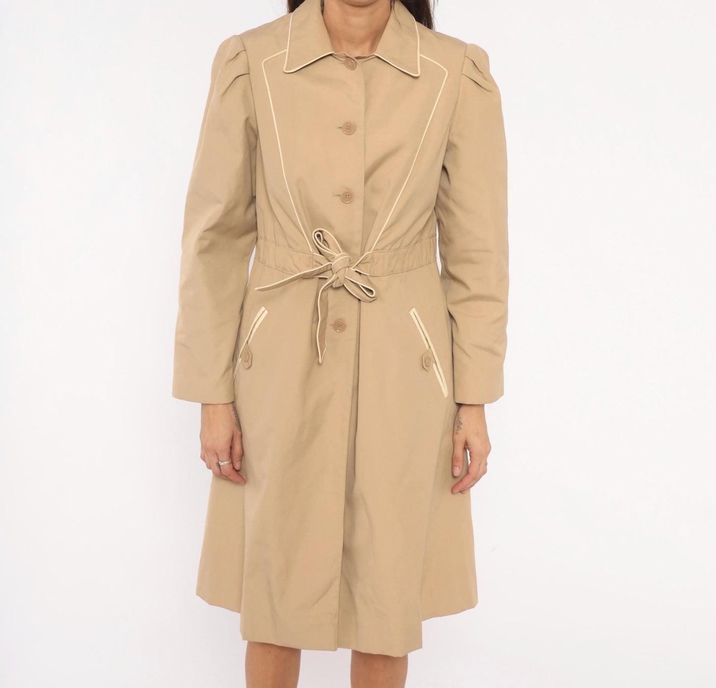 80s Windy Weather Tan Trench Coat Puff Sleeve Knee-Length Medium M