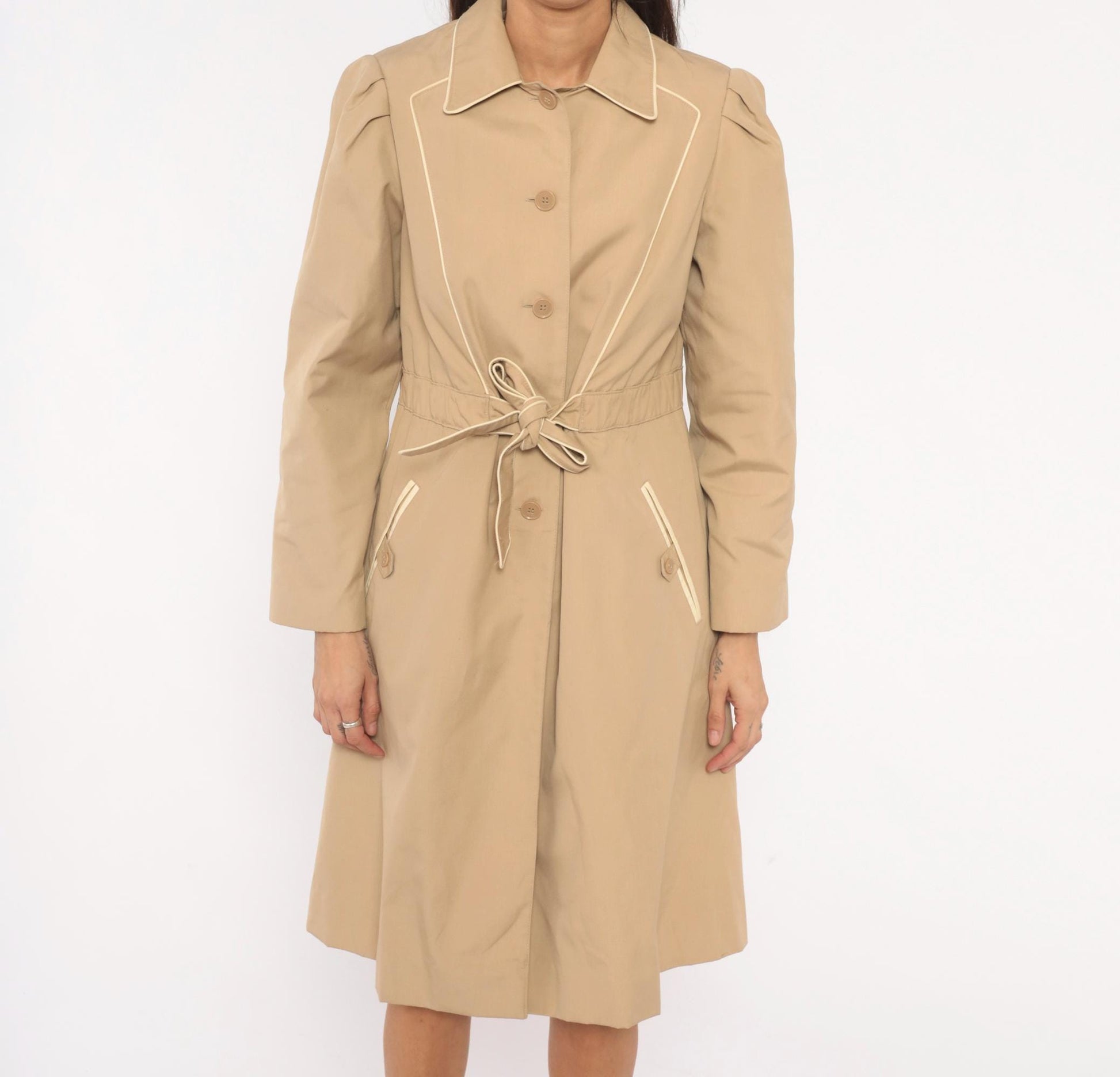 80s Windy Weather Tan Trench Coat Puff Sleeve Knee-Length Medium M