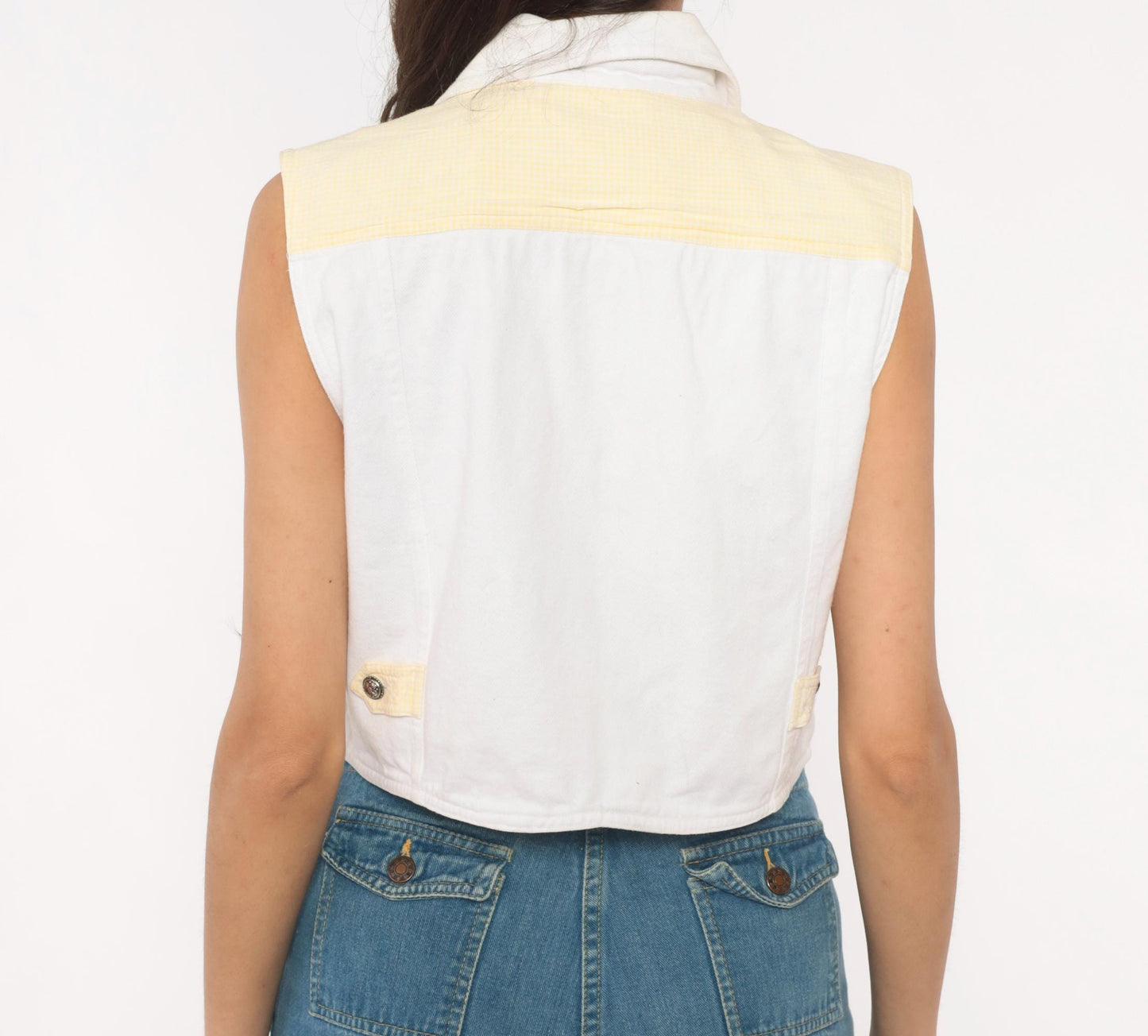 90s Ozark Western Crop Vest White Yellow Gingham Cotton Concho Medium M