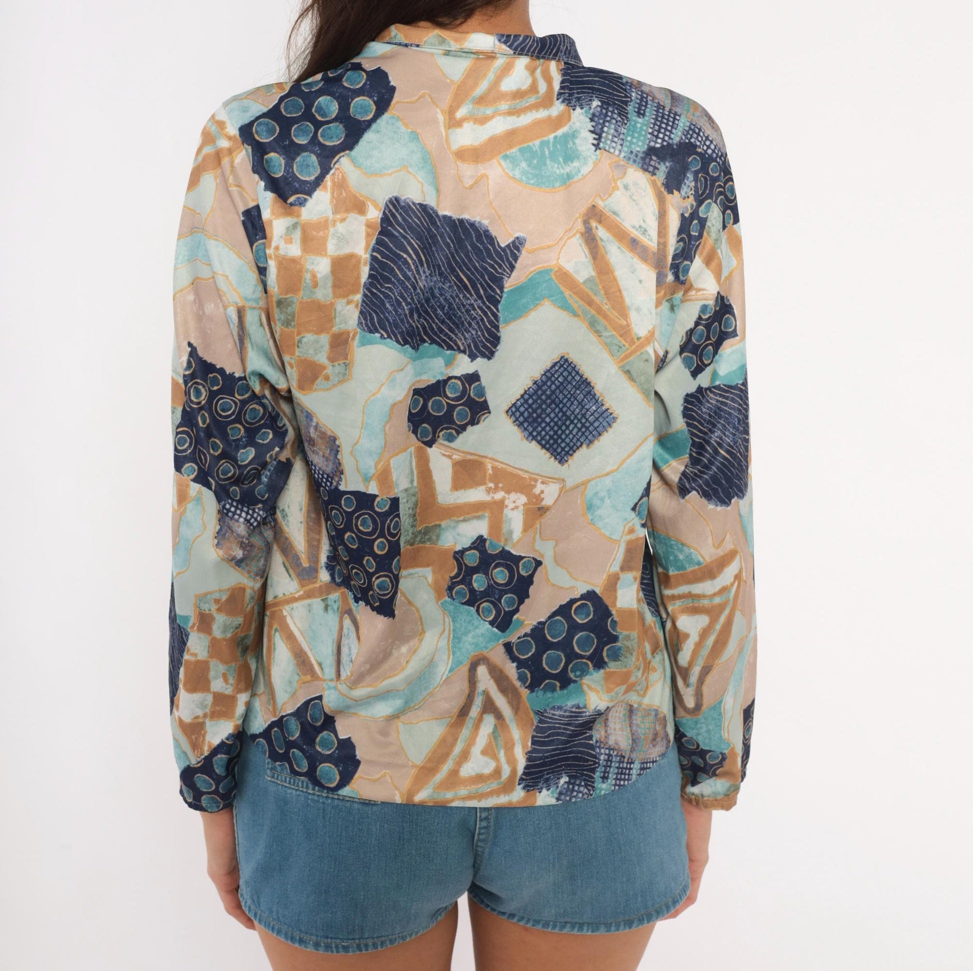 70s Village Fair Abstract Patchwork Blouse Geometric Print Teal Medium