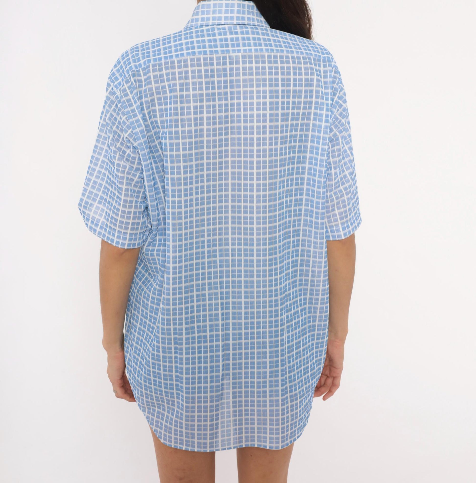 70s Dectolene Blue Windowpane Grid Check Shirt Pointed Collar Extra Large