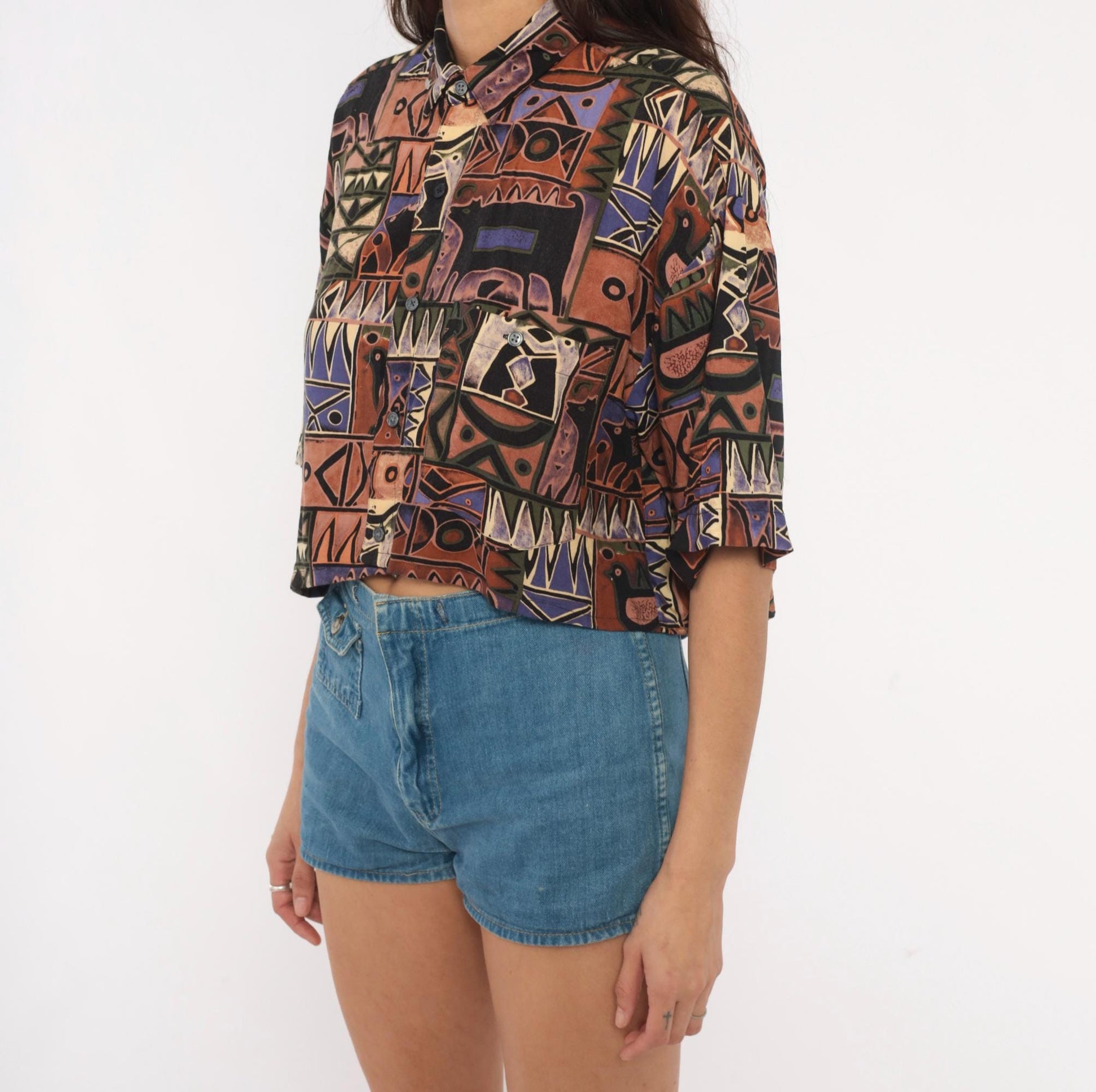 90s Chiamare Abstract Crop Top Shirt Button Front Collared Blouse Brown Purple Geometric Large L