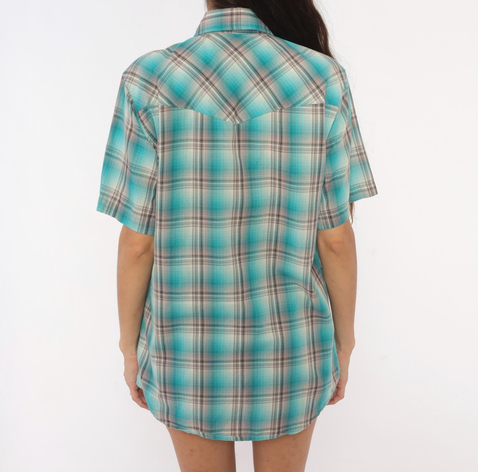 Y2K Rustic Ridge Western Plaid Snap Shirt Teal Grey Medium M