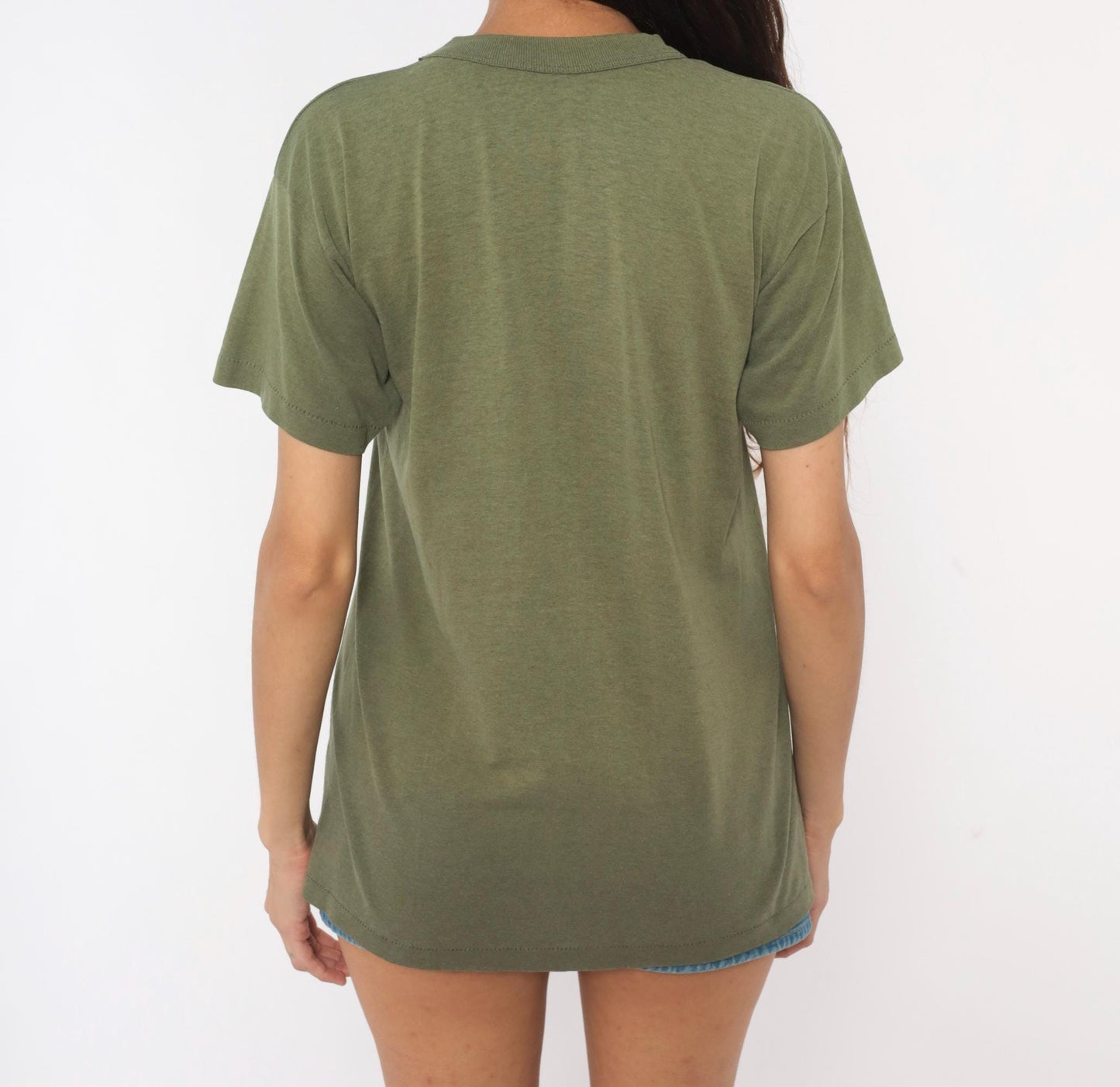 80s Olive Green Cotton Crew Neck Tee Blank Plain Unisex Medium