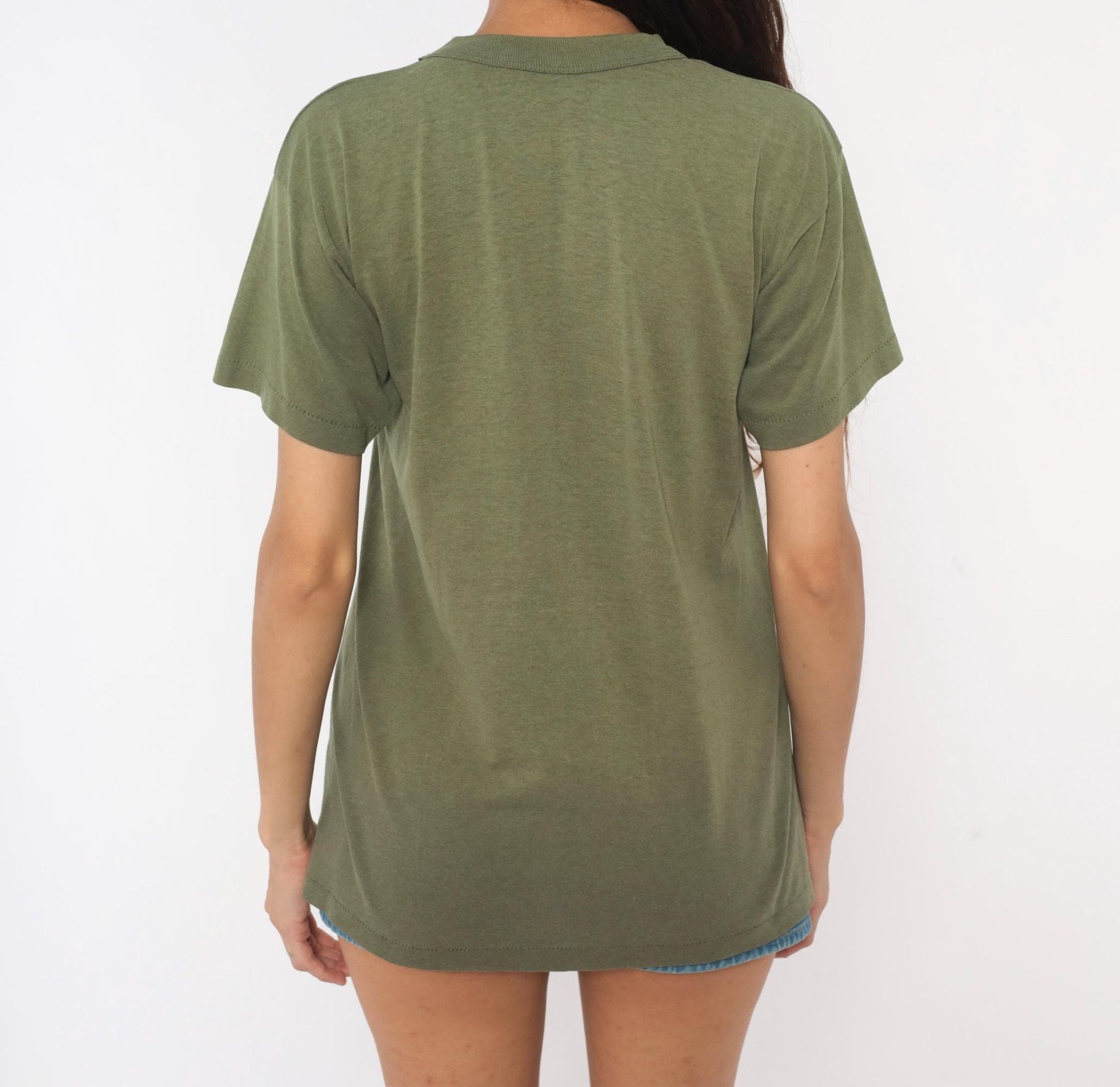 80s Olive Green Cotton Crew Neck Tee Blank Plain Unisex Medium