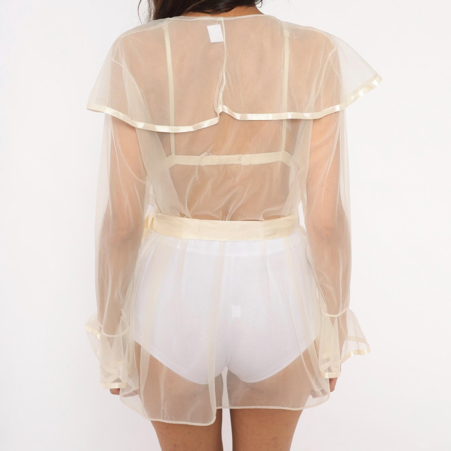 90s Cinema Etoile Sheer Organza Wrap Robe Cream Ruffle Collar Small