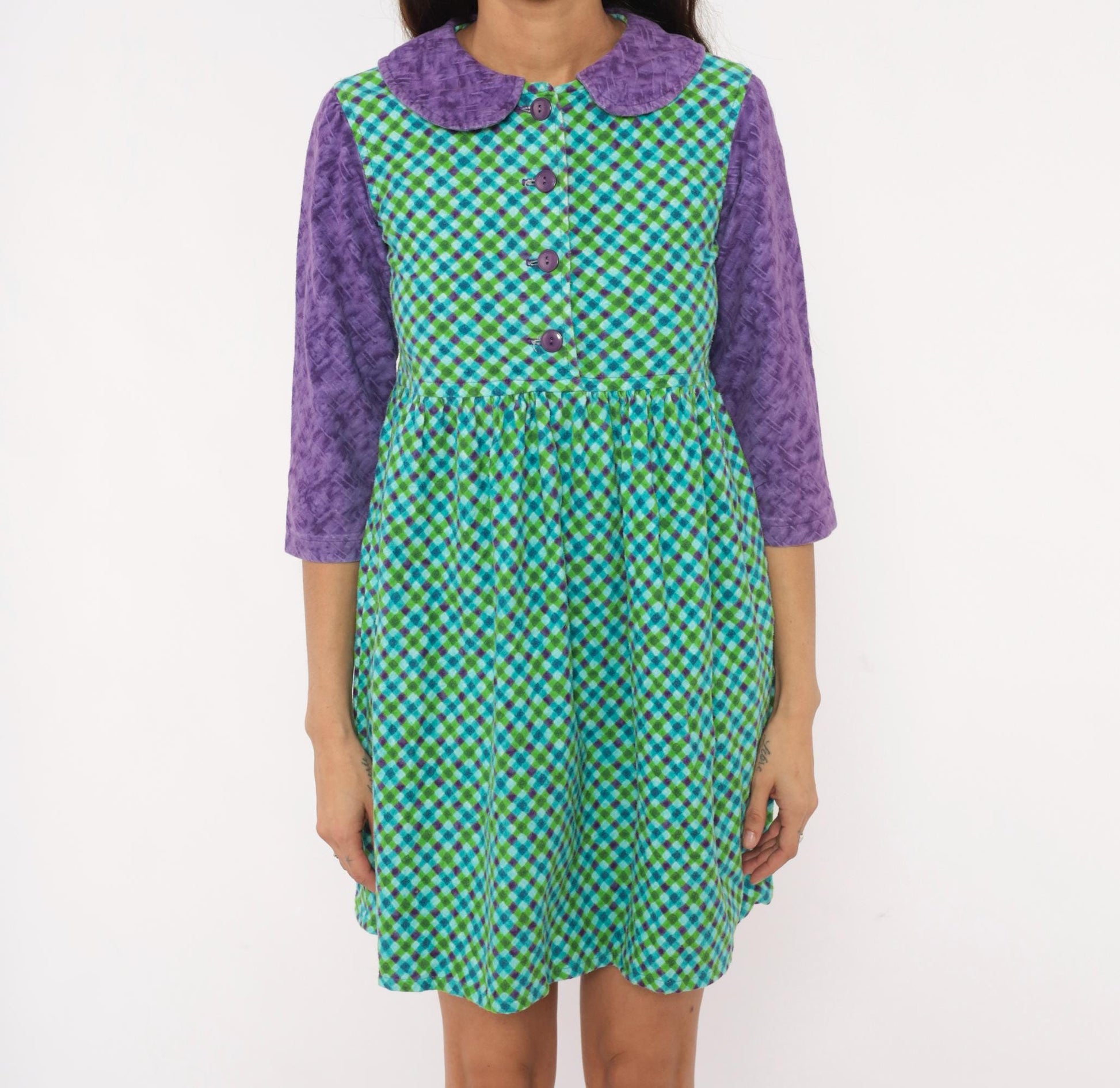 60s Babydoll Dress Purple Green Blue Gingham Peter Pan Collar Mini XS