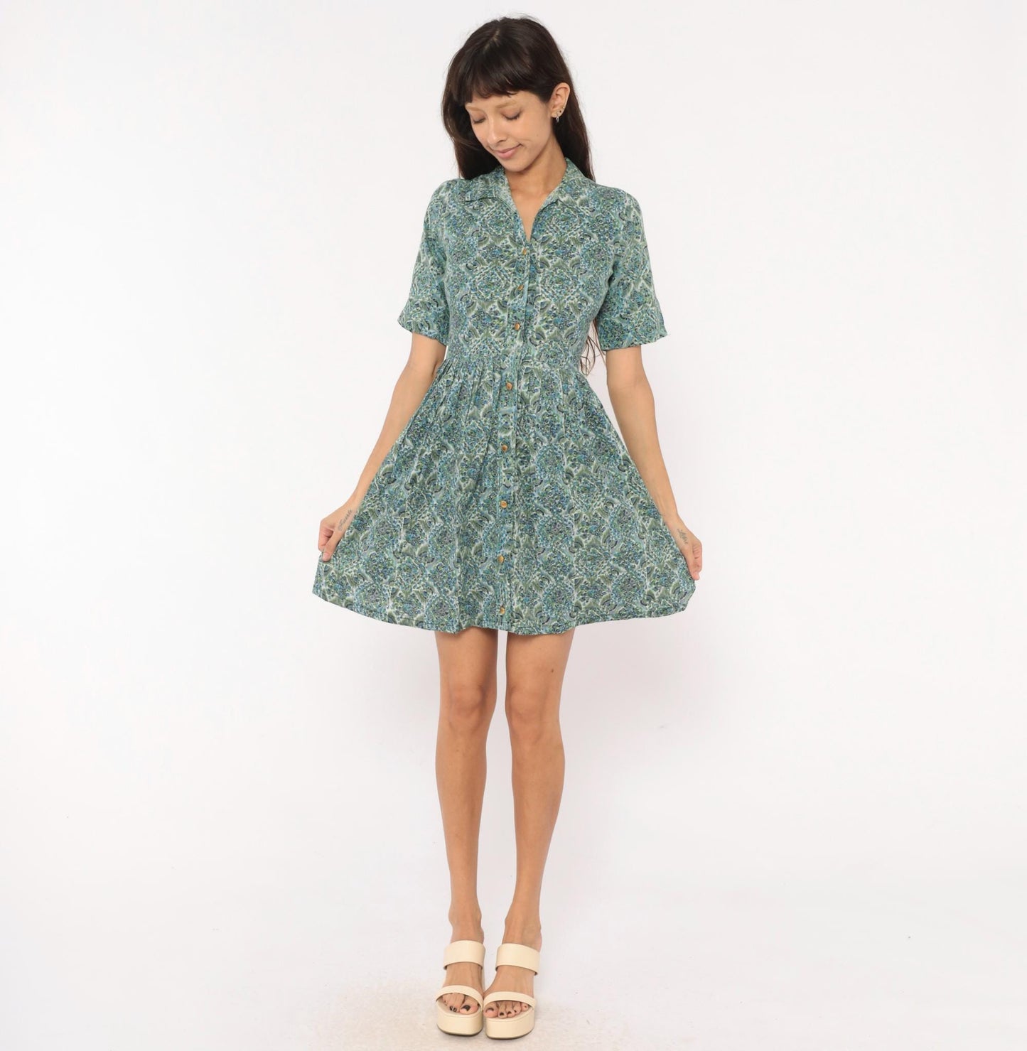 60s Penneys Brentwood Paisley Floral Shirtdress Blue Green Cotton Knee XS