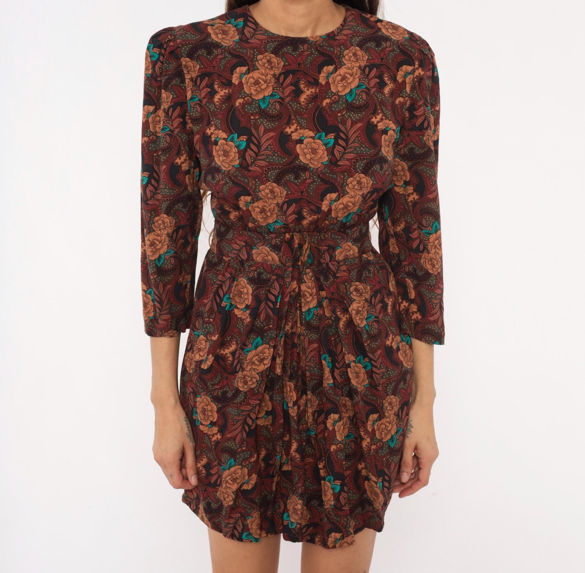 80s Karin Stevens Burgundy Floral Mini Dress Open Back Three Quarter Sleeve Medium
