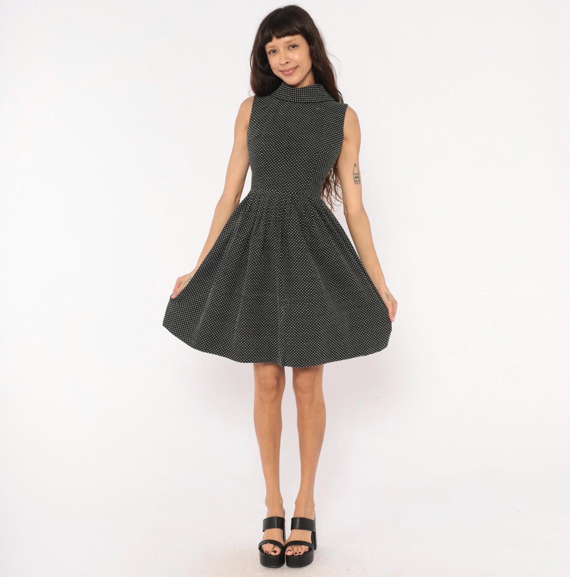 60s Mod Mini Dress Black White Polka Dot Mock Neck Fit Flare Cotton Extra Small