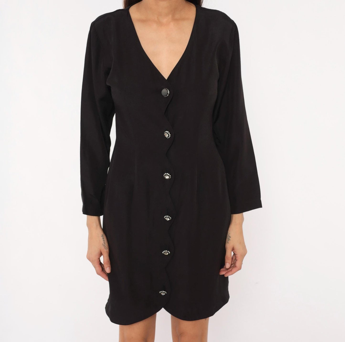 90s La Belle Black Mini Dress V-Neck Rhinestone Buttons Long Sleeve Medium M
