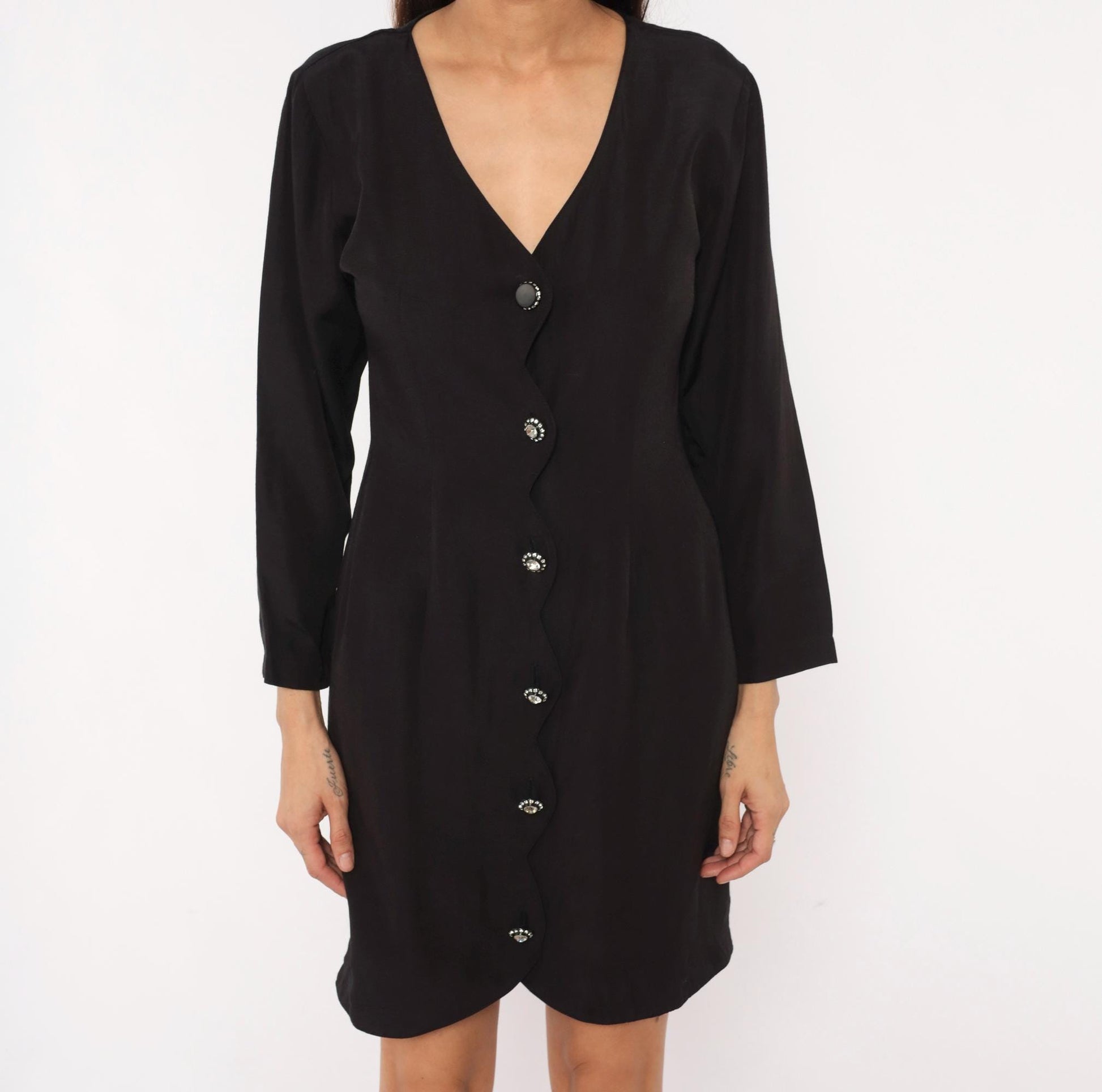 90s La Belle Black Mini Dress V-Neck Rhinestone Buttons Long Sleeve Medium M