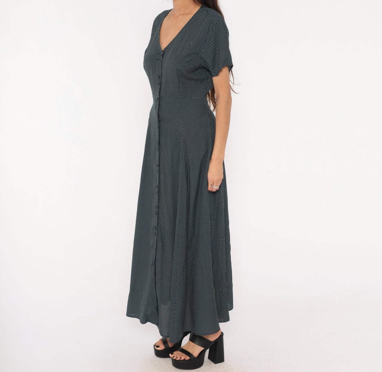 90s New York Style Navy Polka Dot Maxi Dress Button Front Flutter Sleeve Large L
