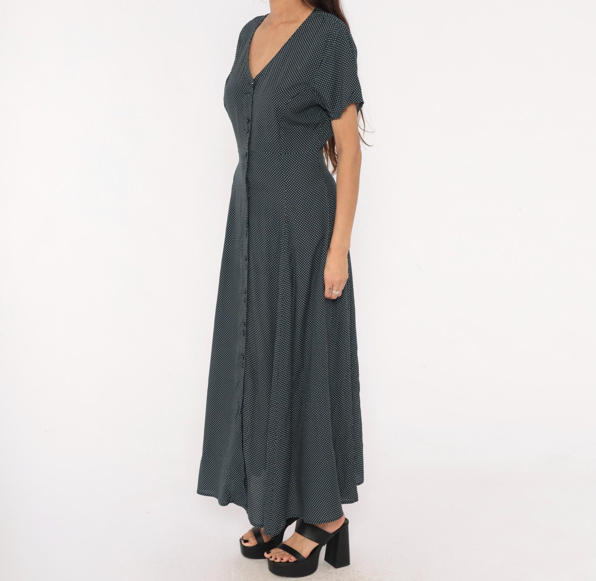 90s New York Style Navy Polka Dot Maxi Dress Button Front Flutter Sleeve Large L
