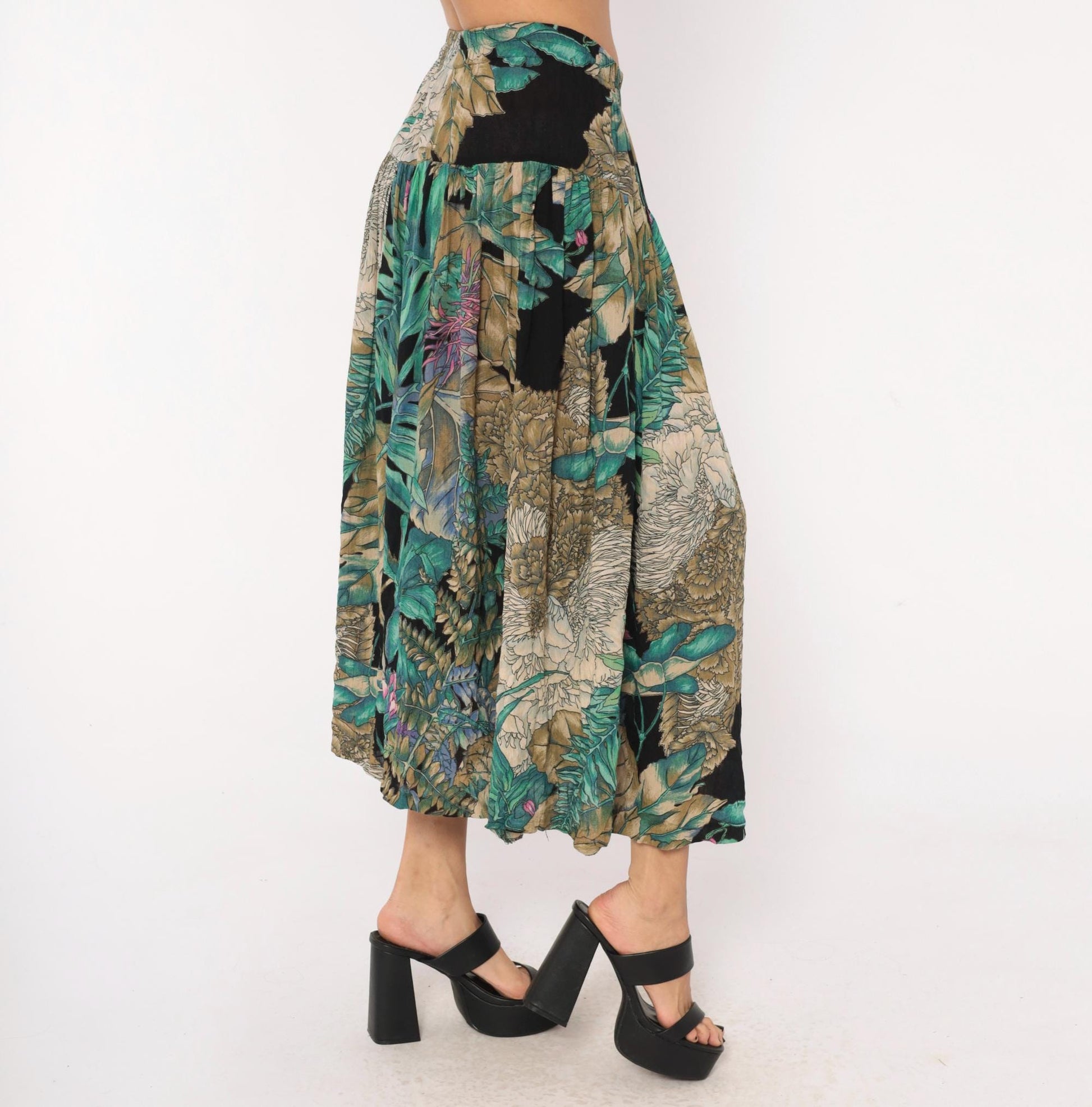 90s Karen Kane Tropical Botanical Midi Skirt Teal Olive Black Medium M