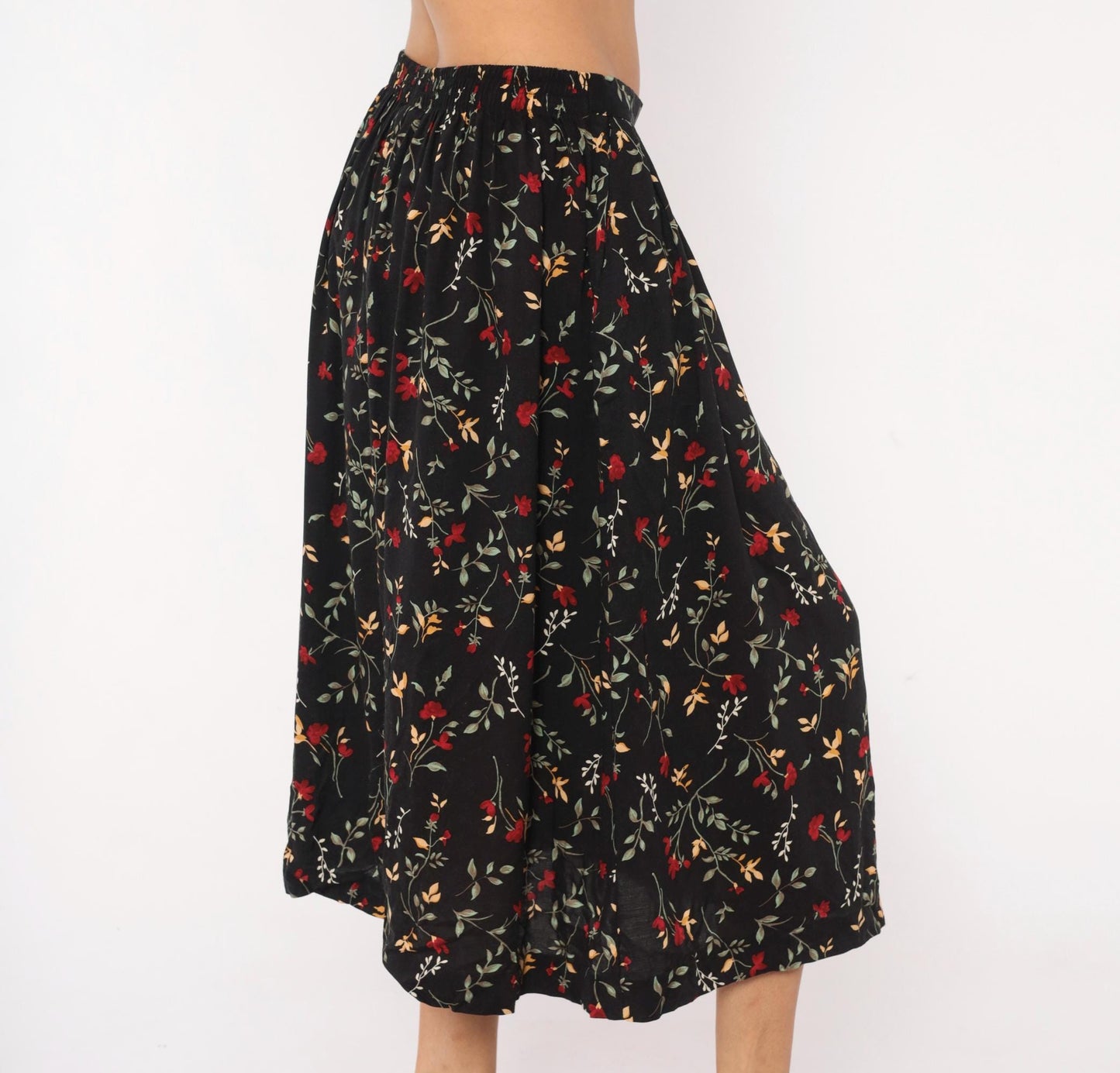 90s Appleseeds Botanical Midi Skirt Black Floral Red Green Extra Large XL