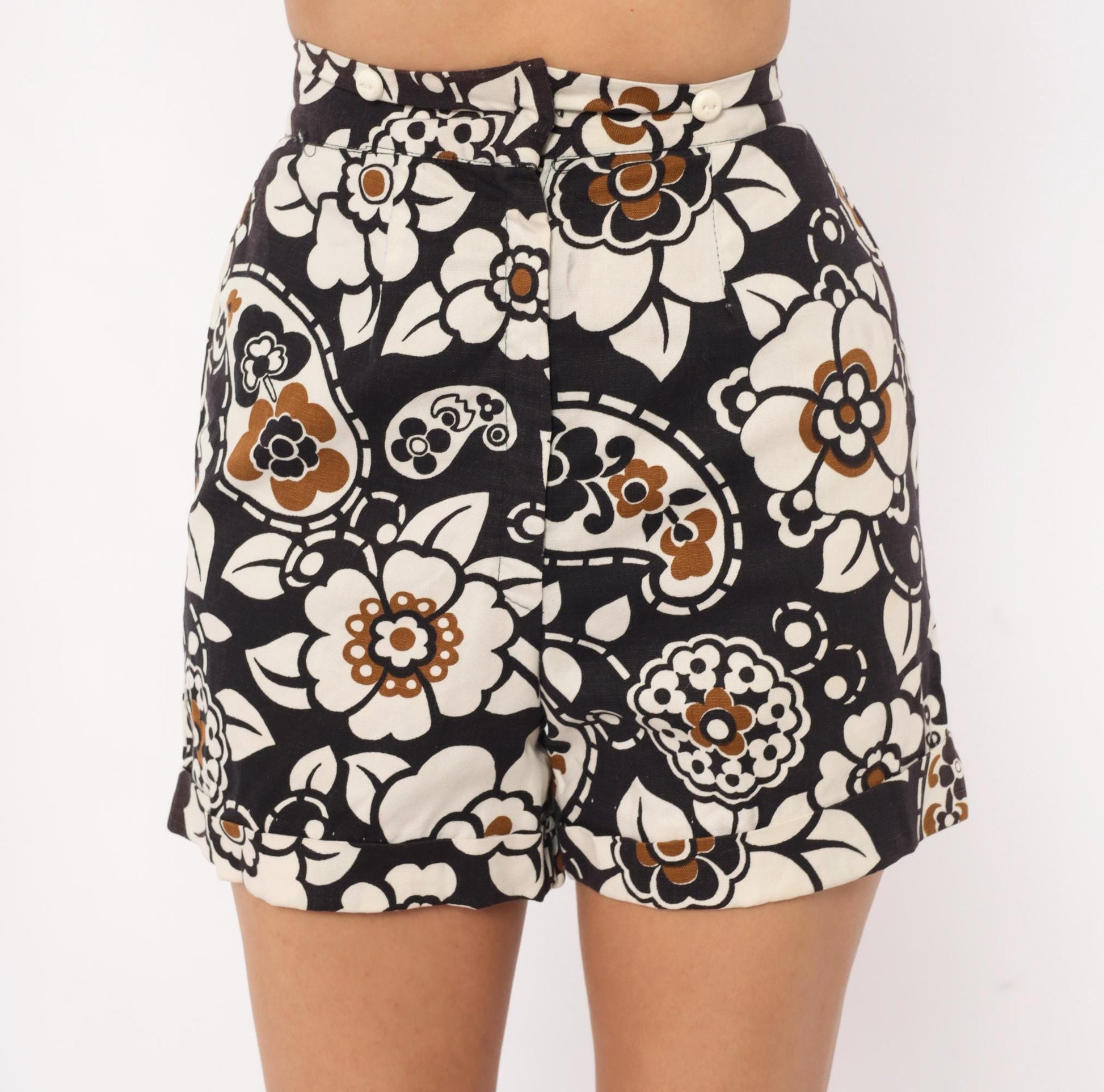 60s Floral Paisley High-Waisted Shorts Cotton Black Cream Brown Mod Extra Small XS