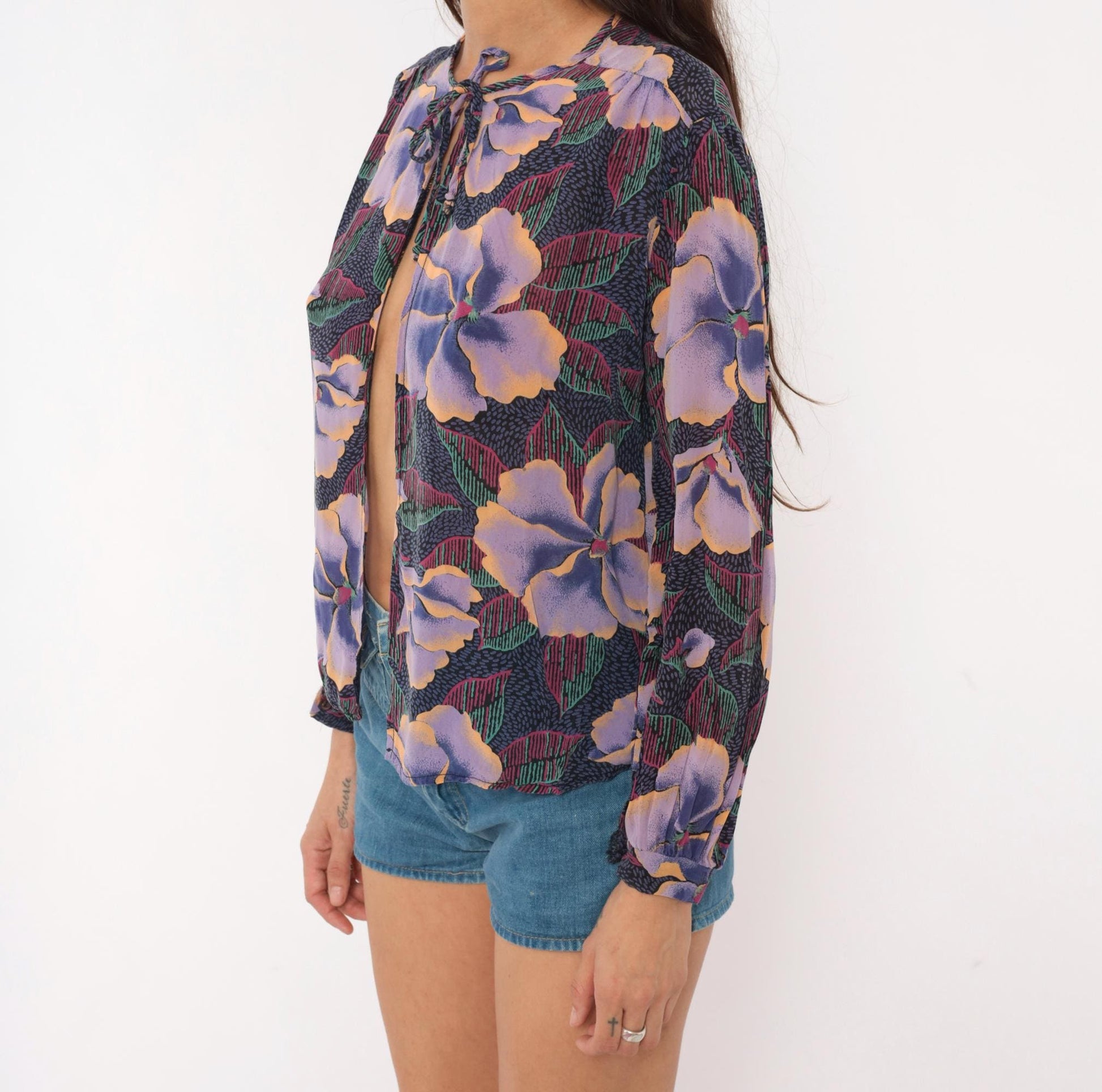 80s In Gear Ltd Tropical Hibiscus Tie-Neck Blouse Purple Lavender Teal Medium
