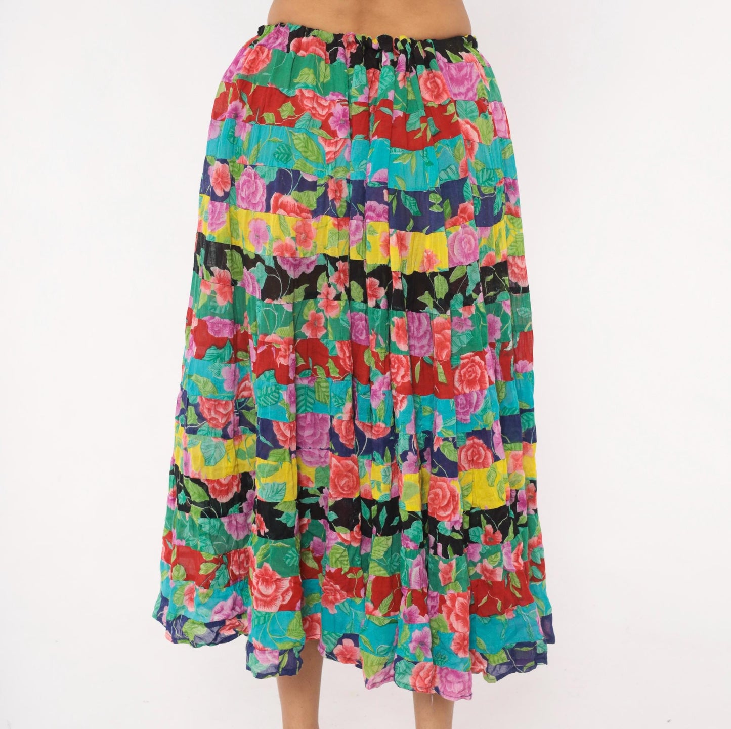 90s Sportique Patchwork Tiered Skirt Floral Rose Cotton Gauze Small