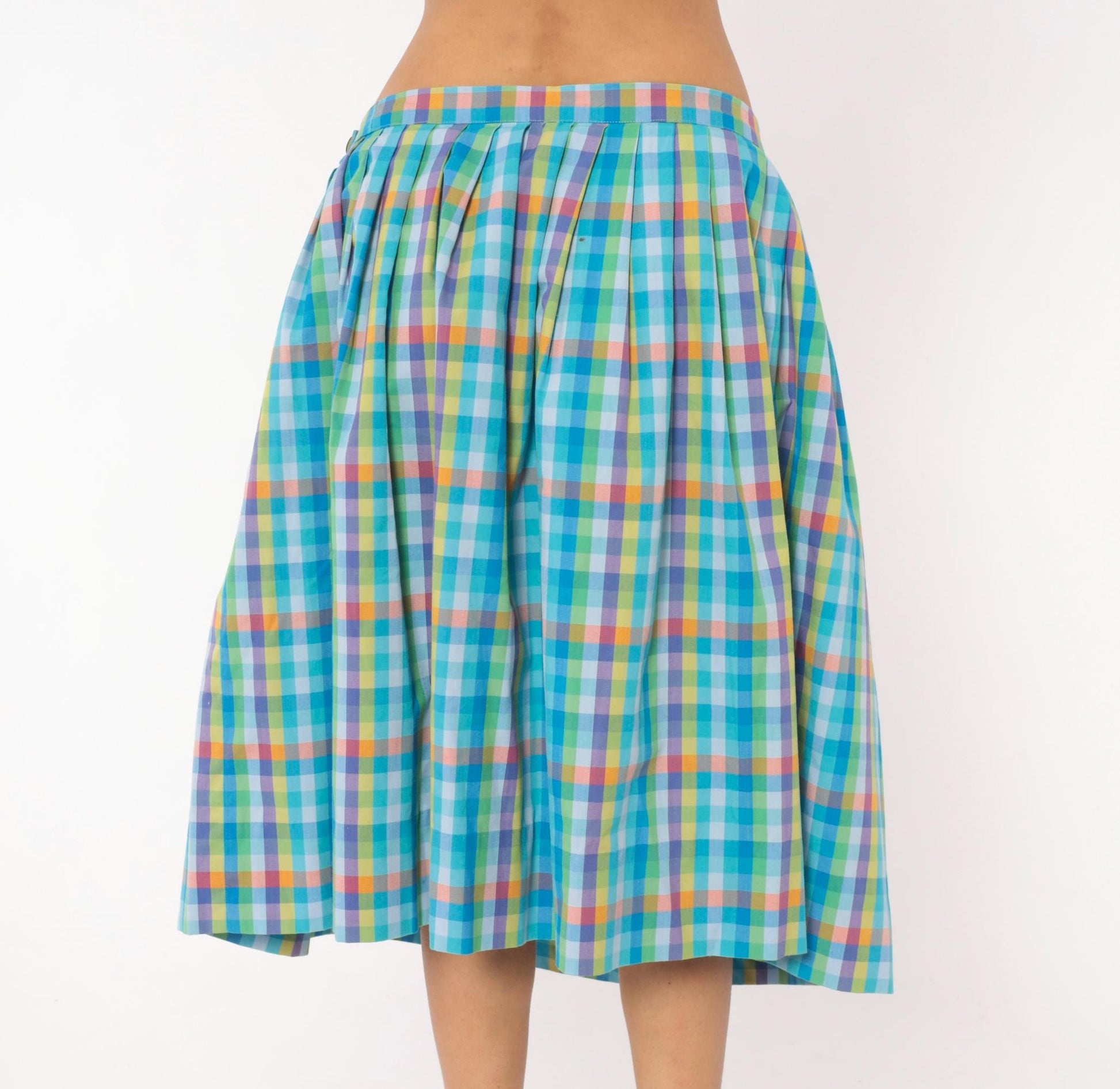 80s Rainbow Gingham Pleated Knee Skirt Cotton Multicolor Large L