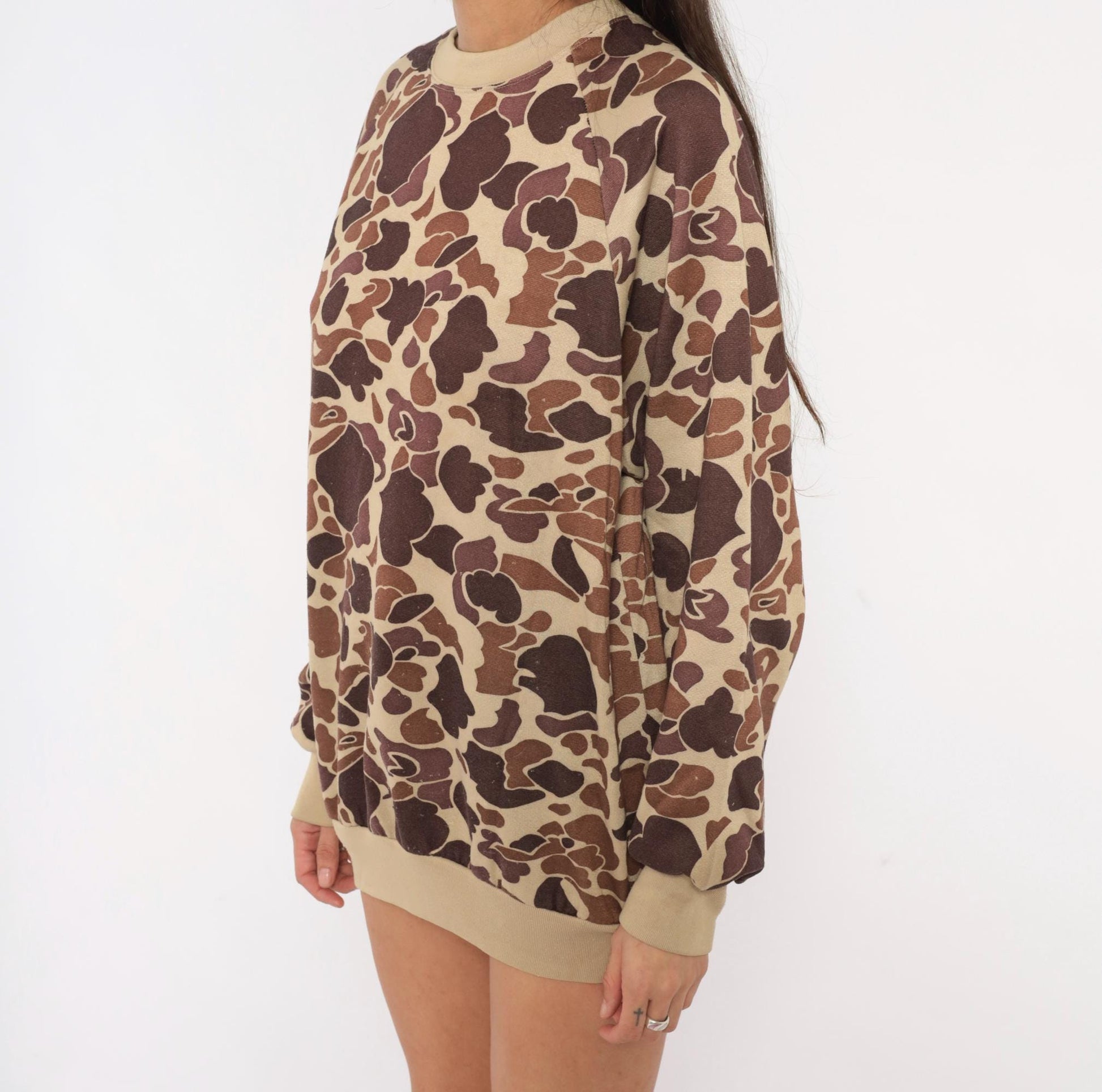 80s Duck Bay Camo Crewneck Sweatshirt Tan Brown Raglan Extra Large XL