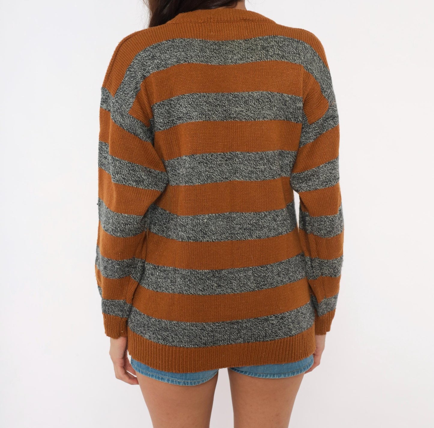 90s Amilano Striped Henley Sweater Mustard Grey Button Front Small